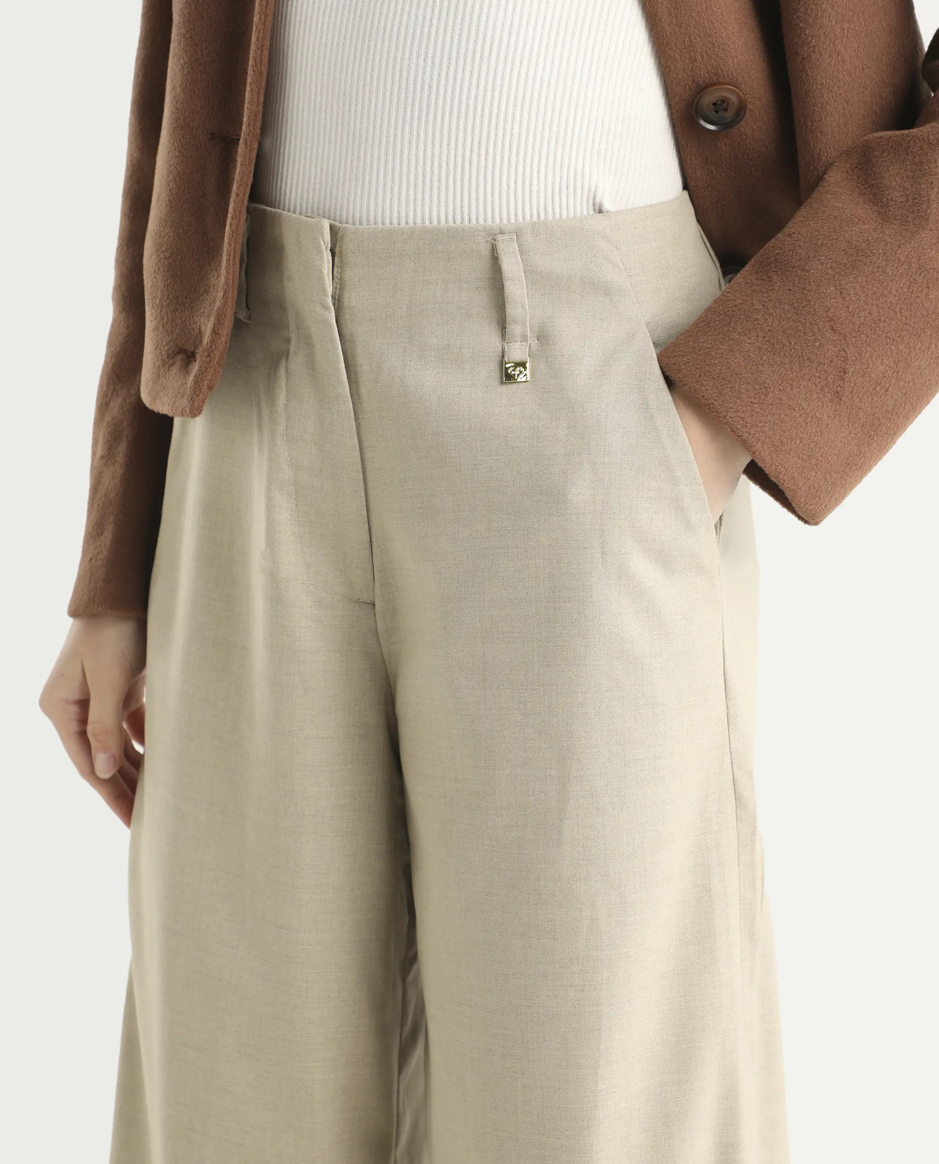 Rareism Women's Katy Beige Polyester Blend Plain Ankle Length Straight Fit Trouser - Image 3