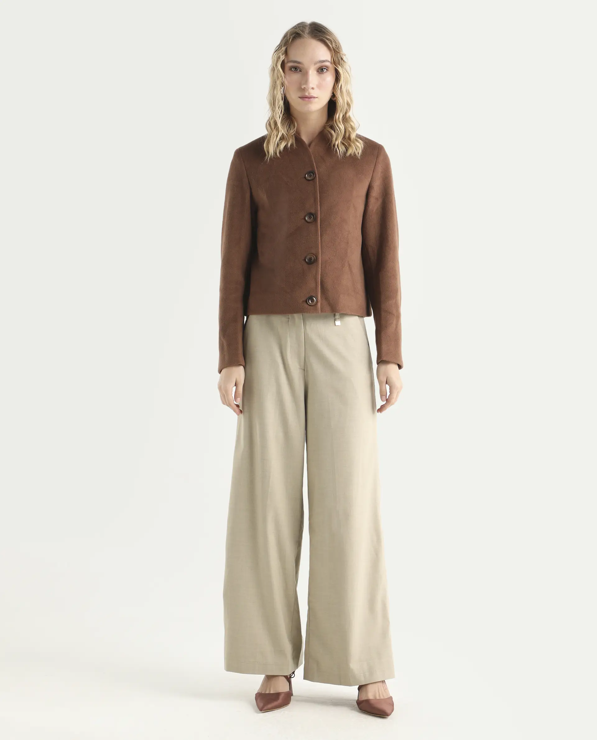 Rareism Women's Katy Beige Polyester Blend Plain Ankle Length Straight Fit Trouser - Image 4