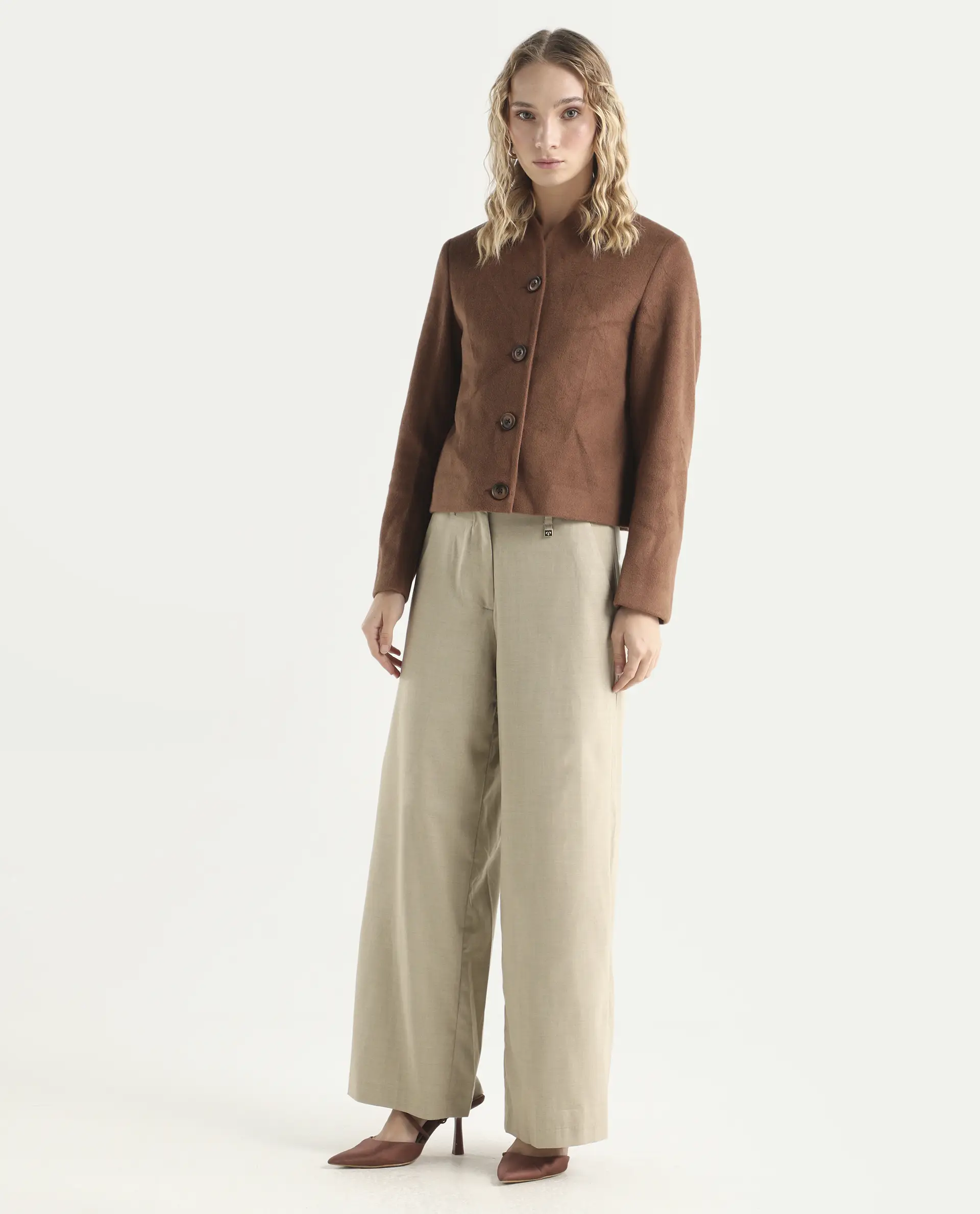 Rareism Women's Katy Beige Polyester Blend Plain Ankle Length Straight Fit Trouser - Image 5