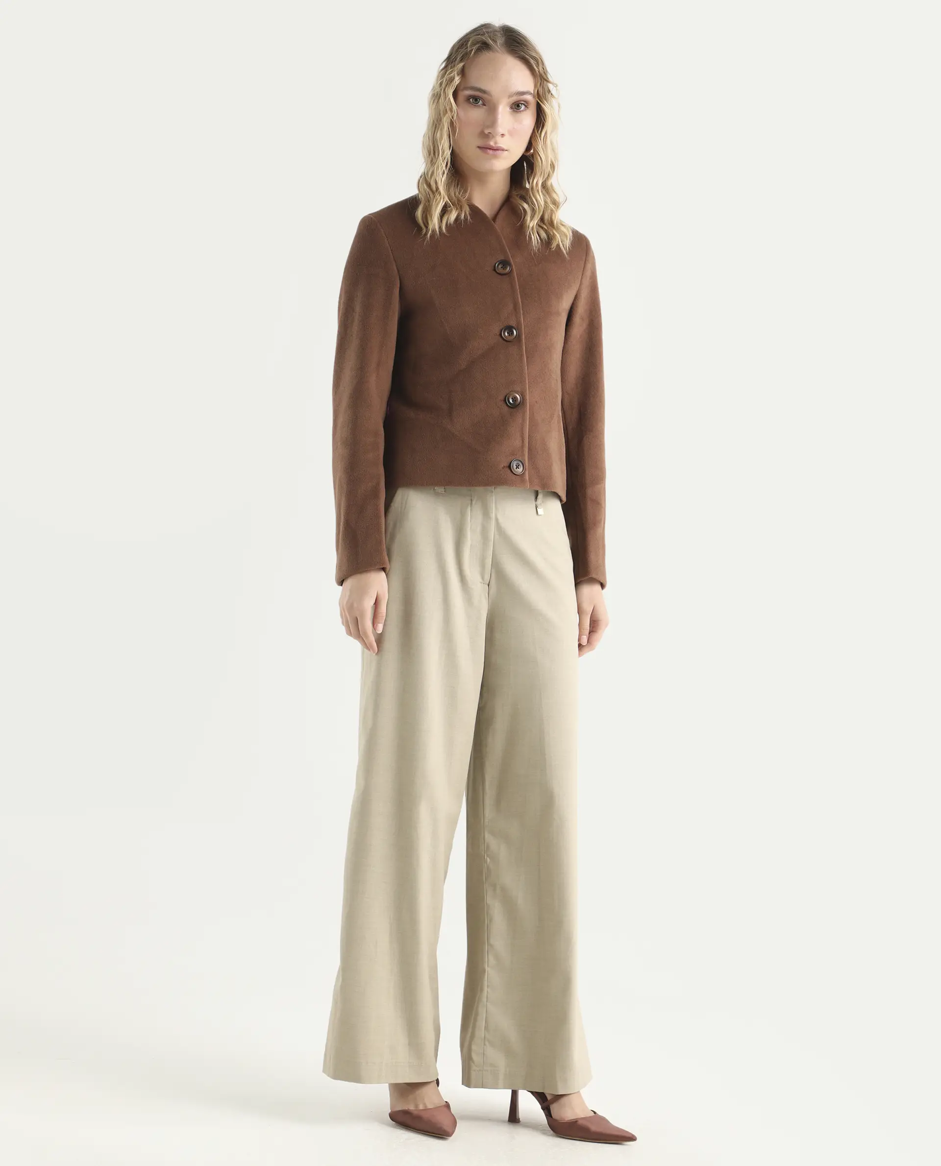 Rareism Women's Katy Beige Polyester Blend Plain Ankle Length Straight Fit Trouser - Image 6