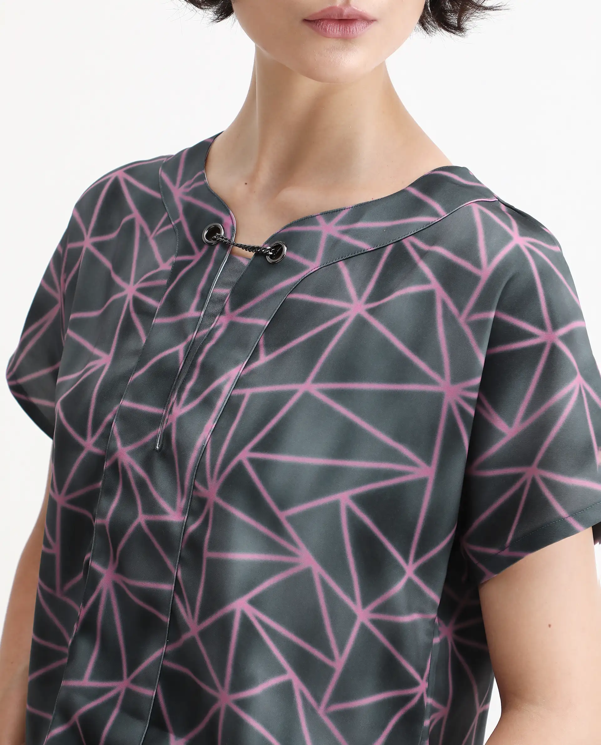 Rareism Women's Katya Grey Polyester Blend Collarless Abstract Print Extended Sleeves Regular Fit Top - Image 3