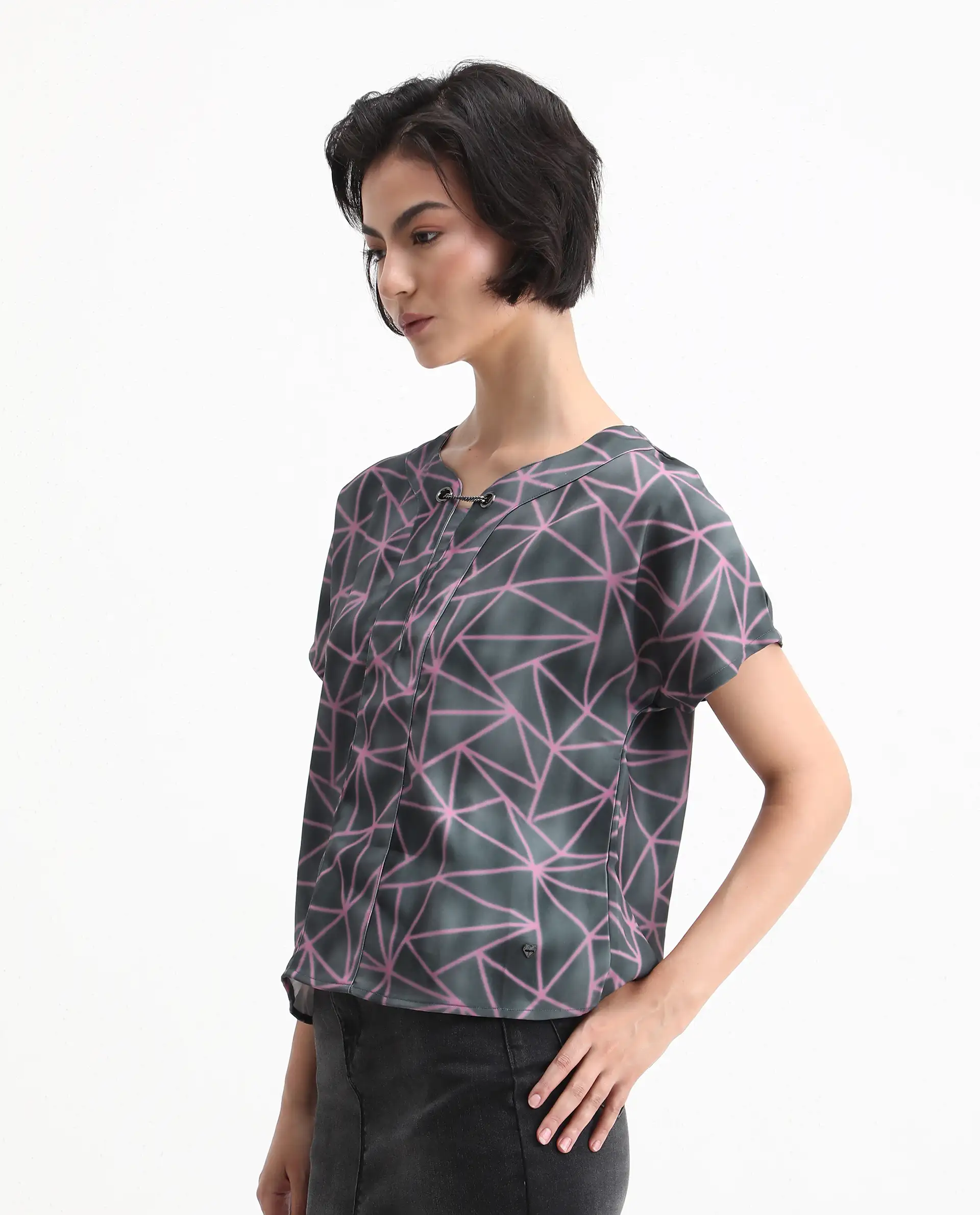 Rareism Women's Katya Grey Polyester Blend Collarless Abstract Print Extended Sleeves Regular Fit Top - Image 4