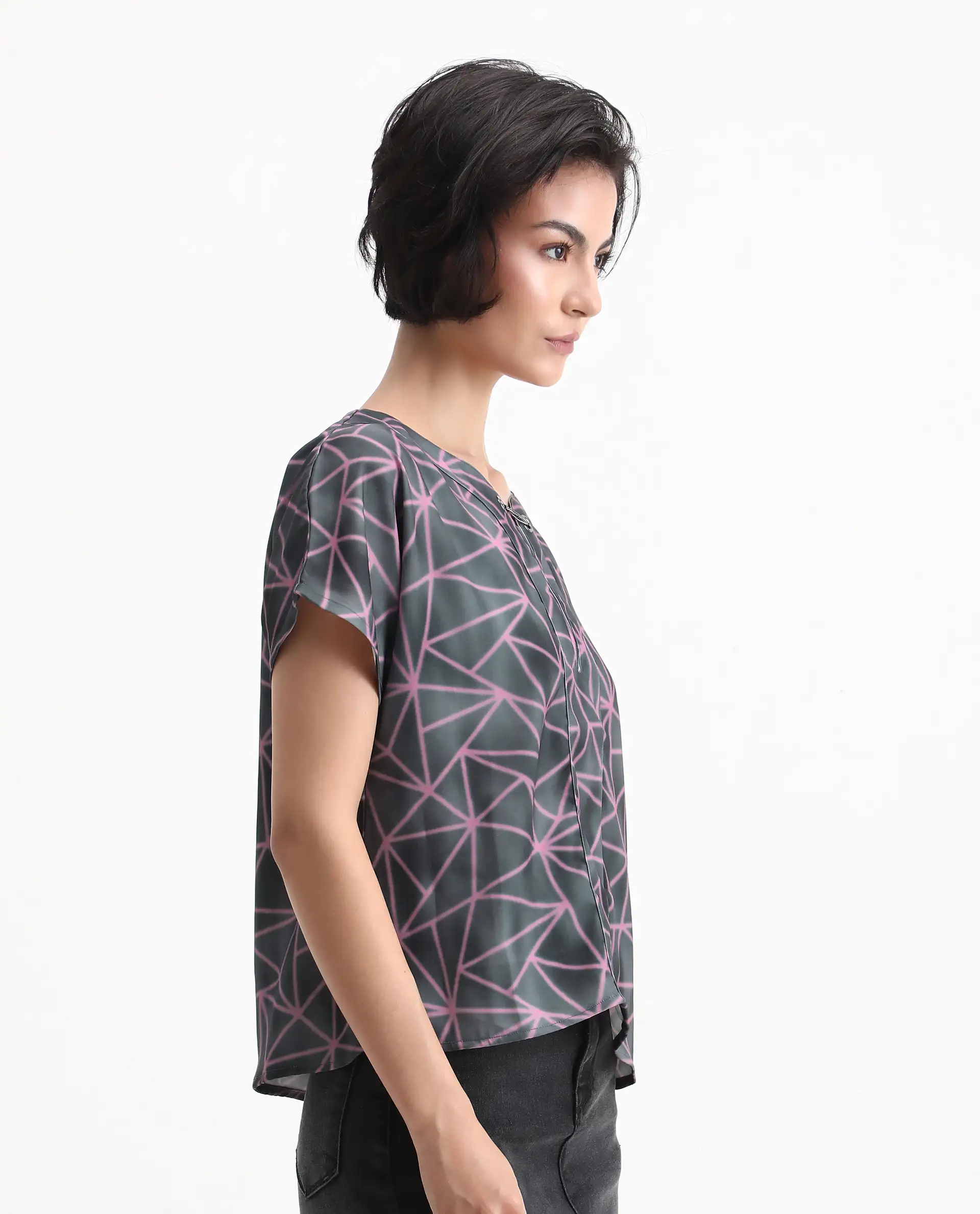 Rareism Women's Katya Grey Polyester Blend Collarless Abstract Print Extended Sleeves Regular Fit Top - Image 5