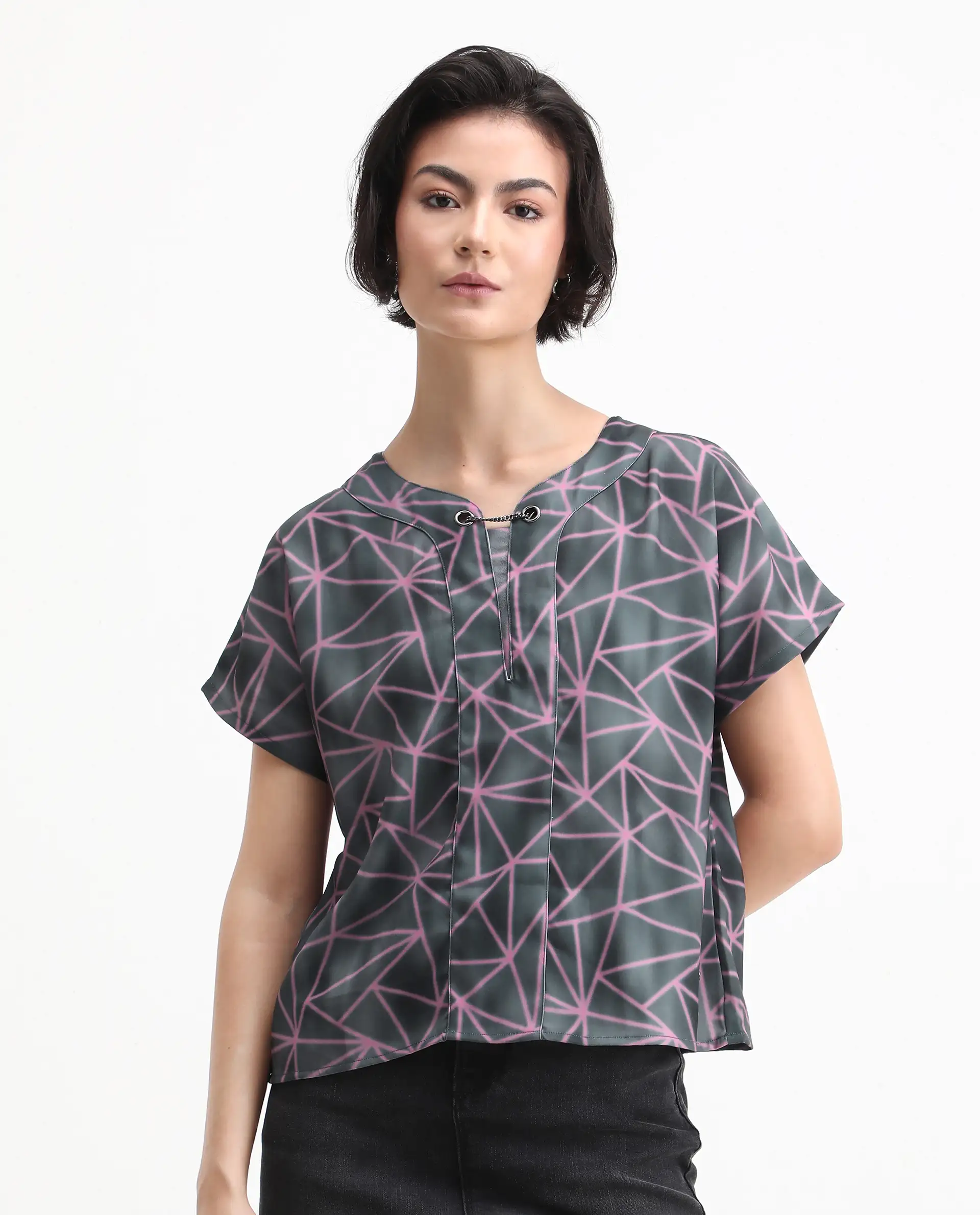 Rareism Women's Katya Grey Polyester Blend Collarless Abstract Print Extended Sleeves Regular Fit Top - Image 6