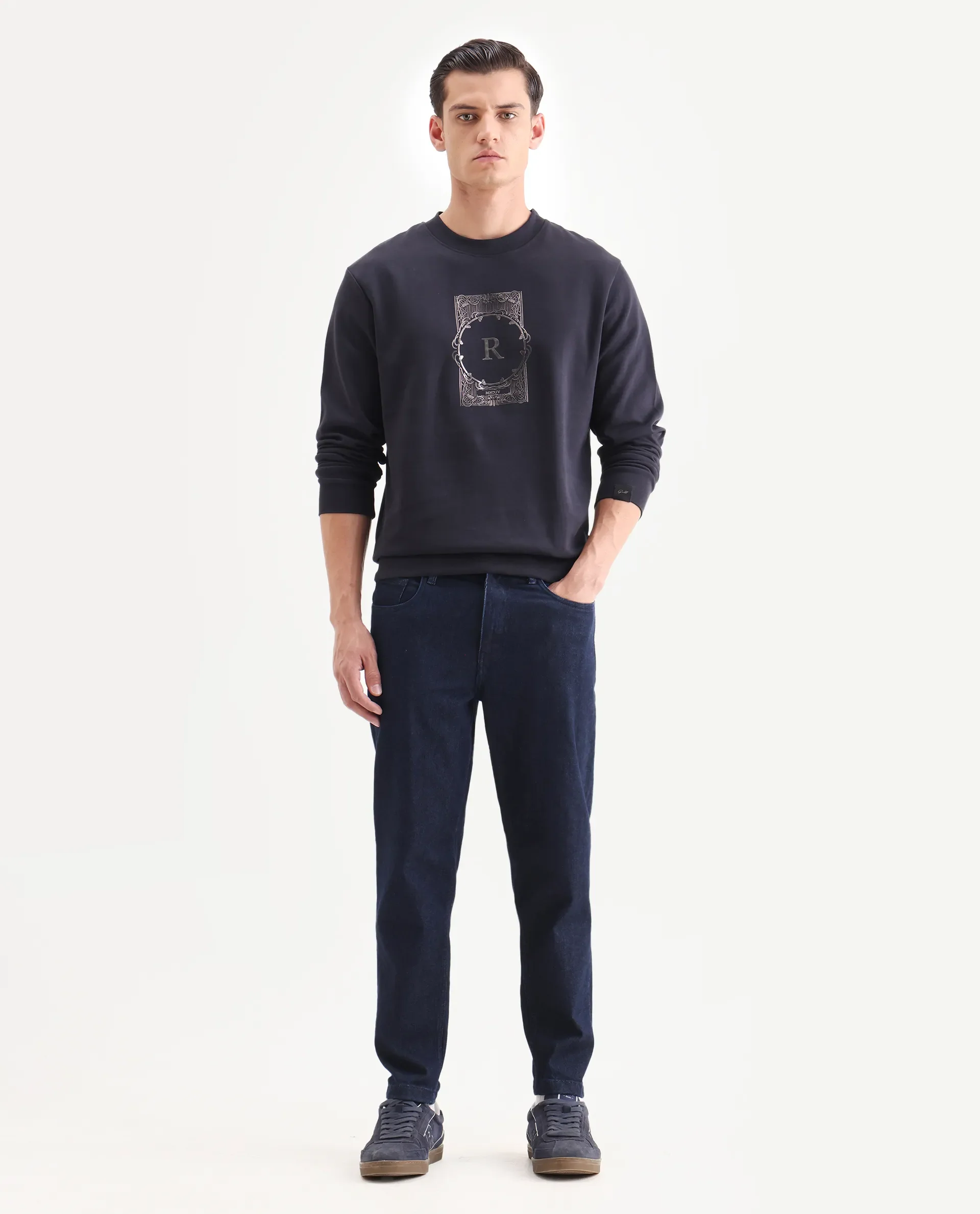Rare Rabbit Men's Kav Navy Cotton Graphic Print Regular Fit Full Sleeve Crew Neck Sweatshirt - Image 2