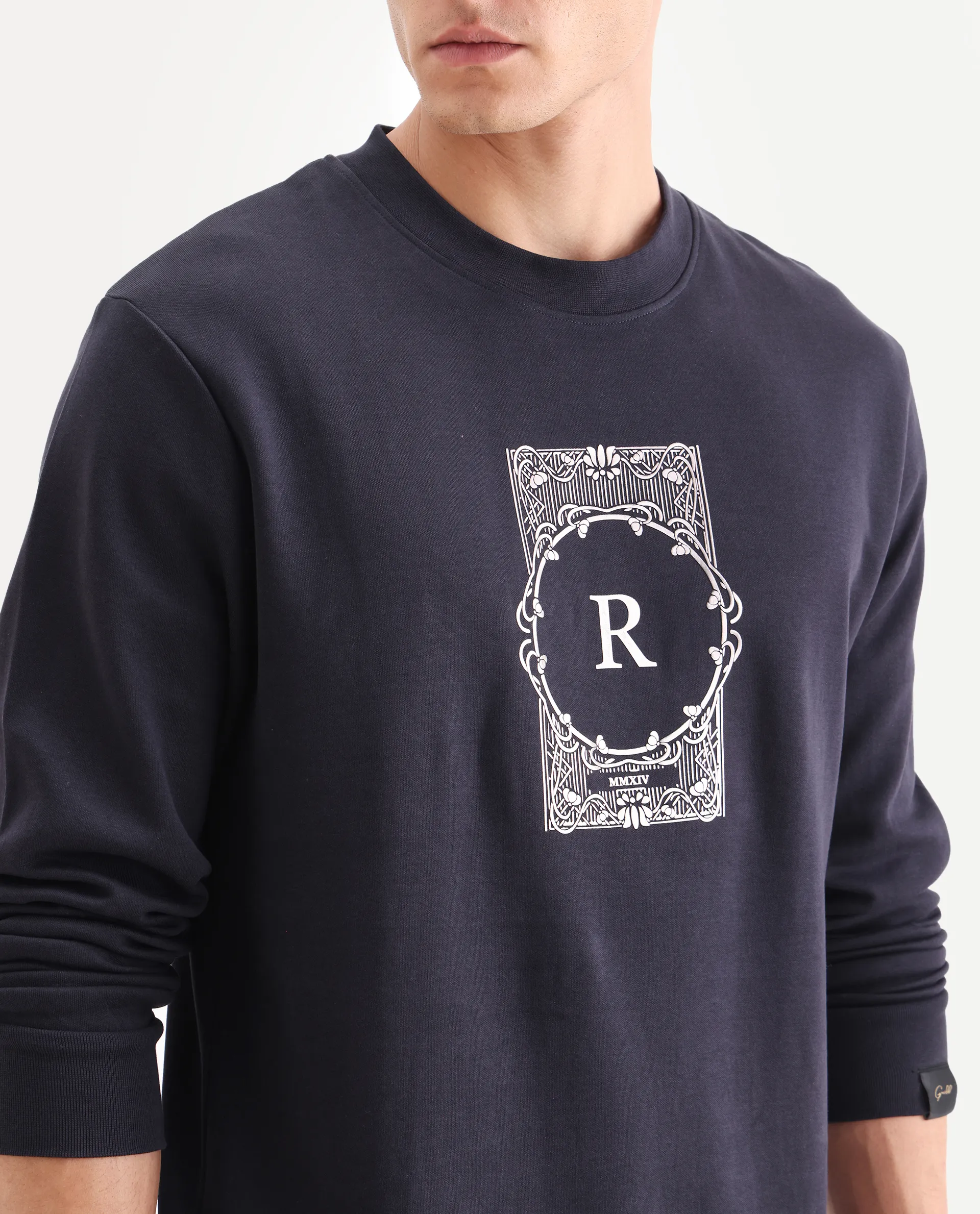 Rare Rabbit Men's Kav Navy Cotton Graphic Print Regular Fit Full Sleeve Crew Neck Sweatshirt - Image 3