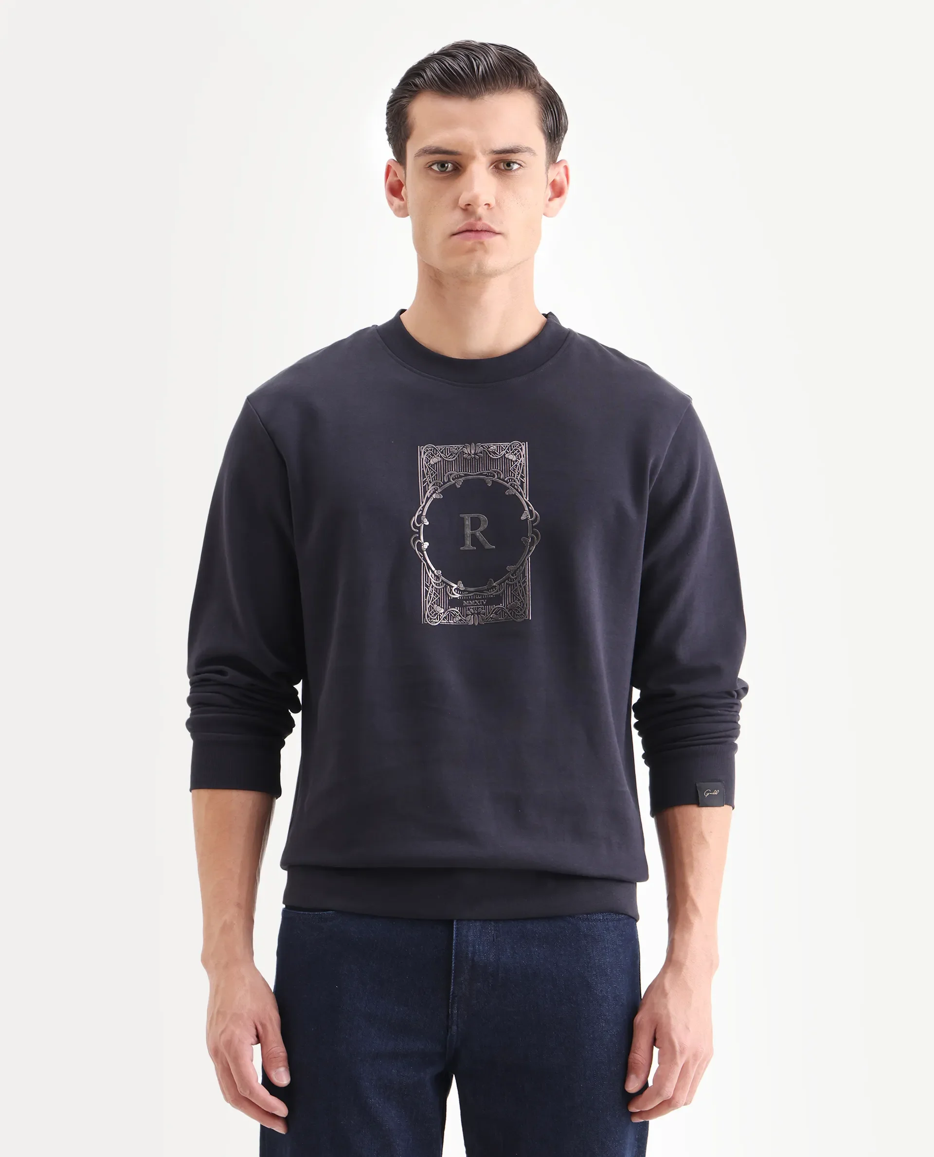 Rare Rabbit Men's Kav Navy Cotton Graphic Print Regular Fit Full Sleeve Crew Neck Sweatshirt - Image 4