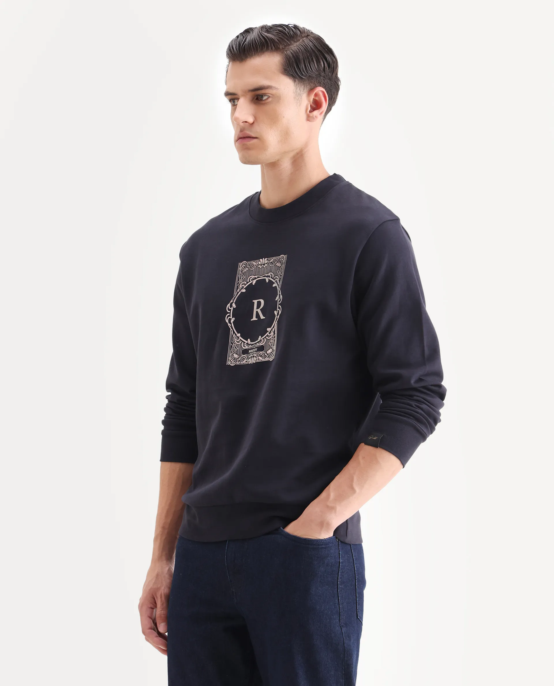 Rare Rabbit Men's Kav Navy Cotton Graphic Print Regular Fit Full Sleeve Crew Neck Sweatshirt - Image 5