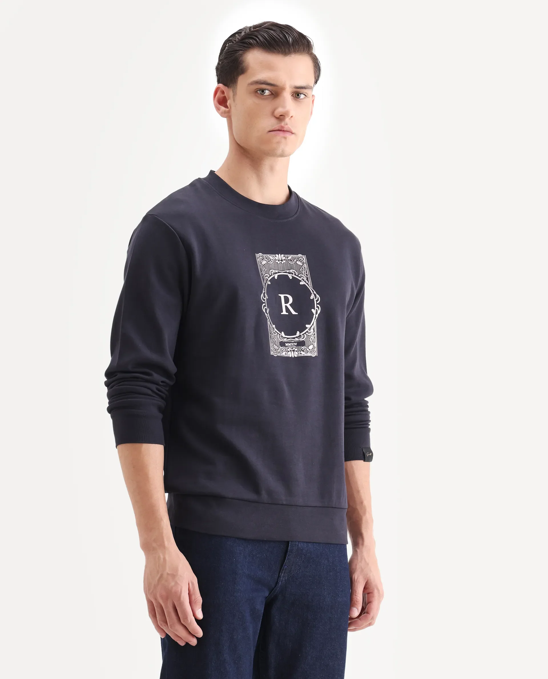 Rare Rabbit Men's Kav Navy Cotton Graphic Print Regular Fit Full Sleeve Crew Neck Sweatshirt - Image 6