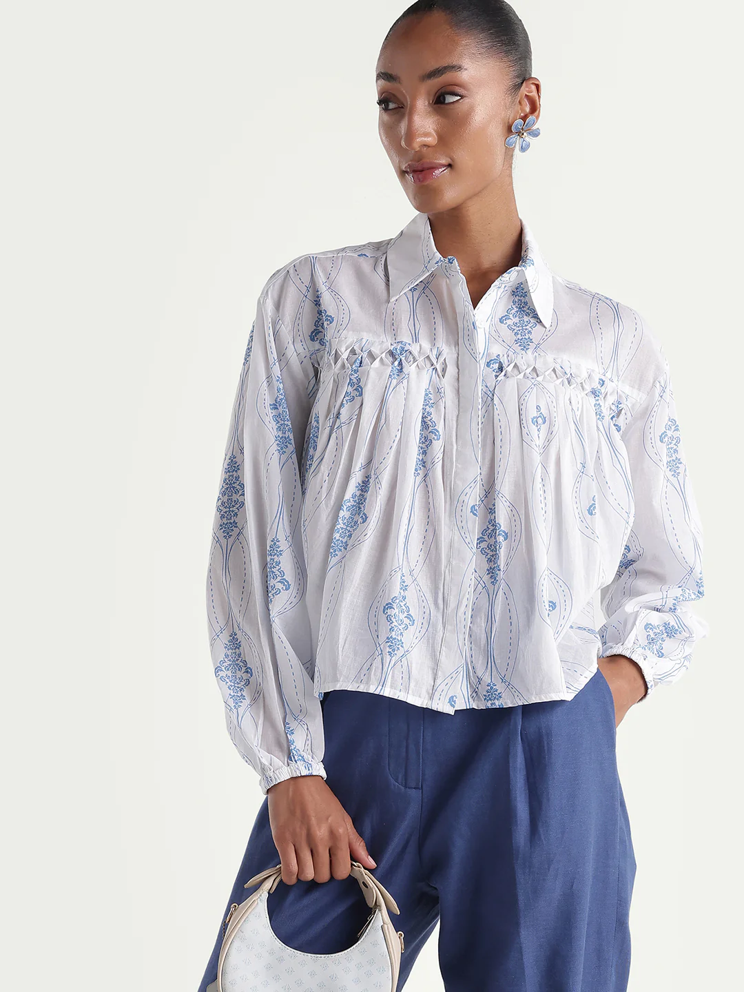 Rareism Women's Kaveny Off White Viscose Spread Collar Regular Ornamental Print Top