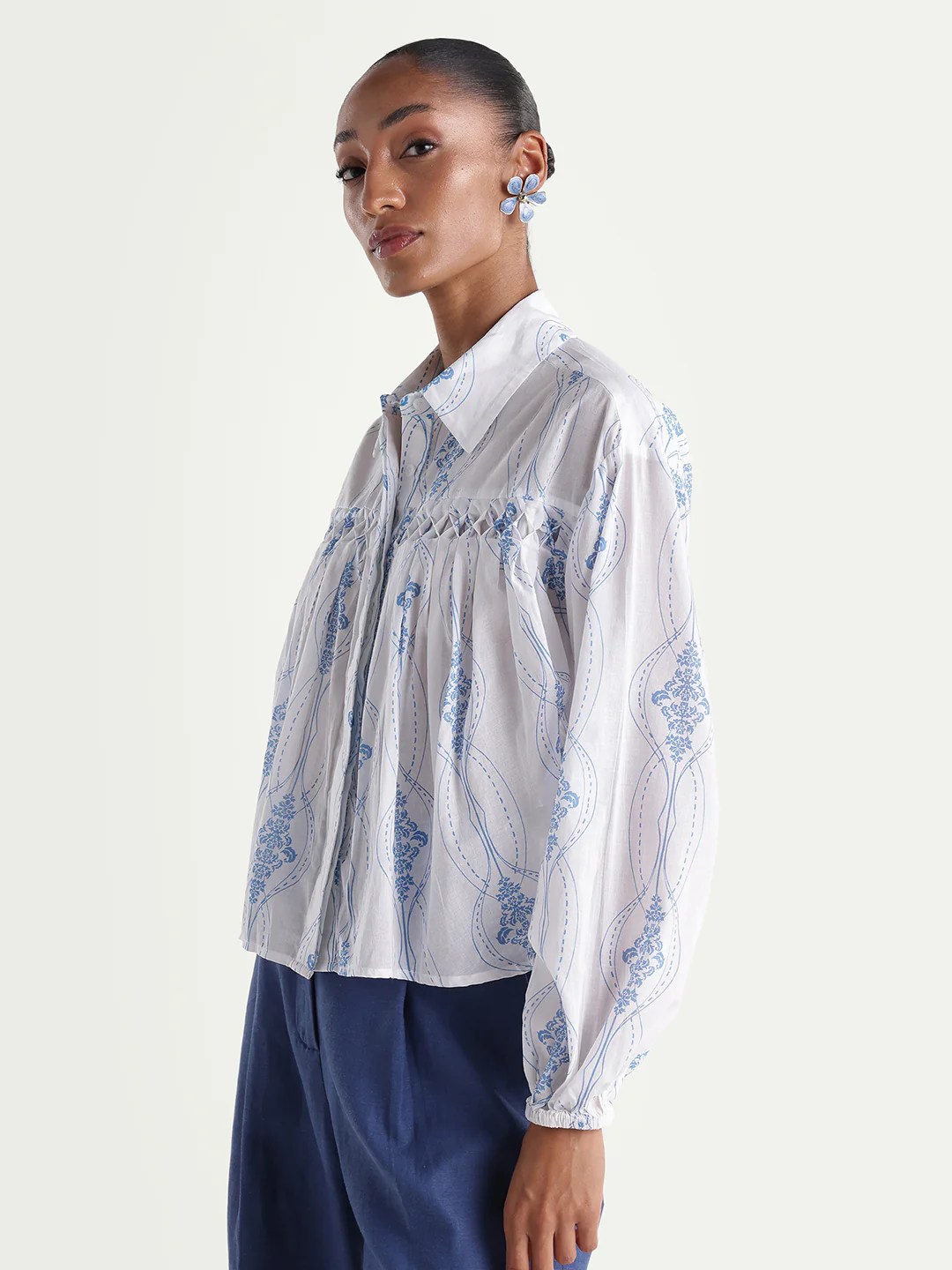 Rareism Women's Kaveny Off White Viscose Spread Collar Regular Ornamental Print Top - Image 5