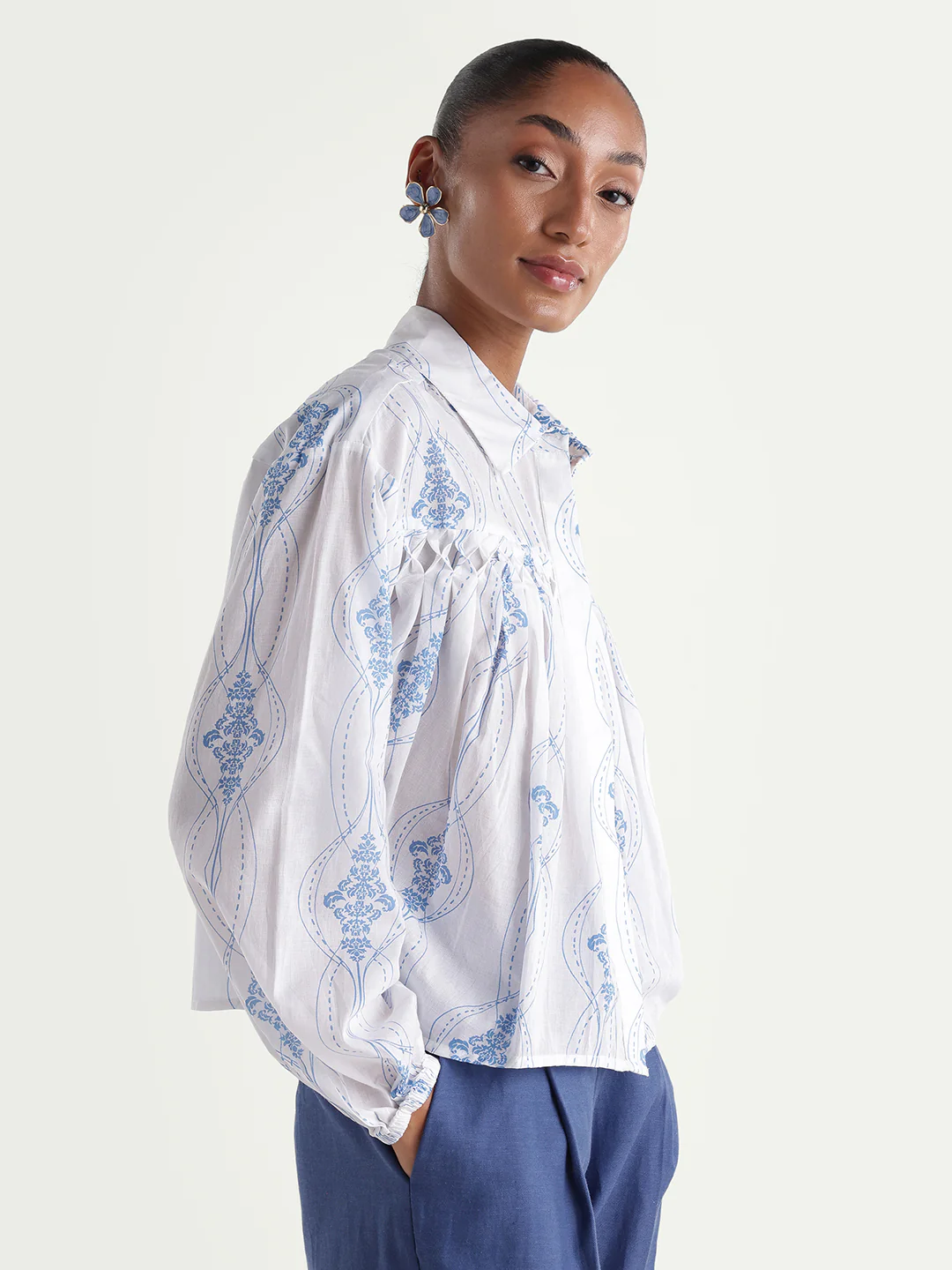 Rareism Women's Kaveny Off White Viscose Spread Collar Regular Ornamental Print Top - Image 6