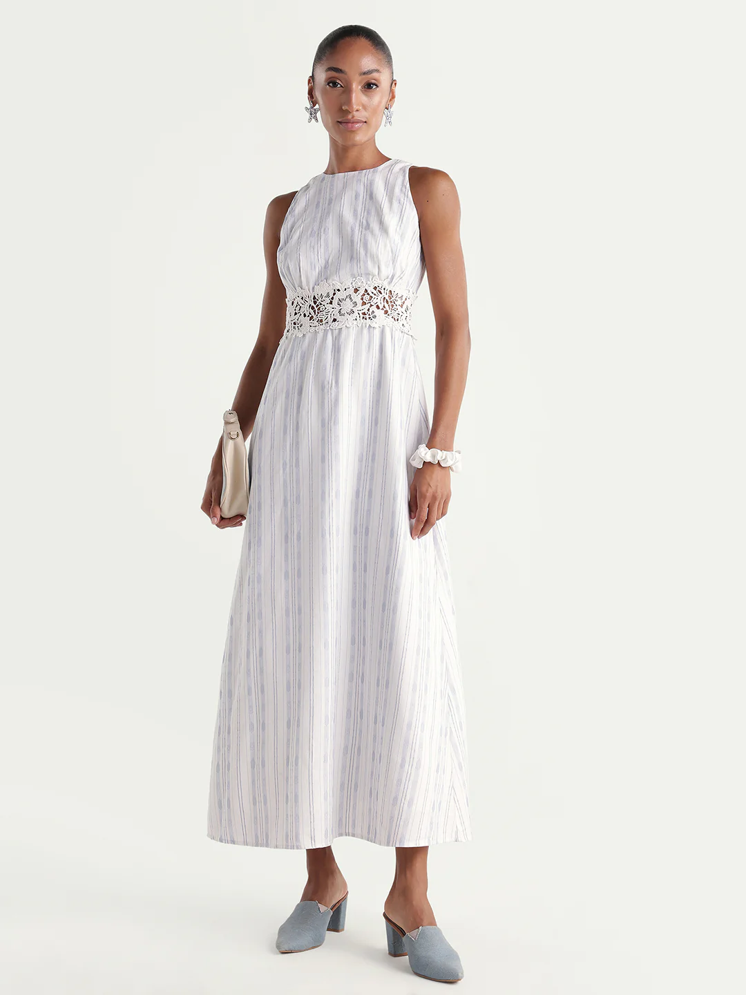 Rareism Women's Kavi Light Blue Cotton Crew Neck Fit And Flare Striped Dress - Image 2