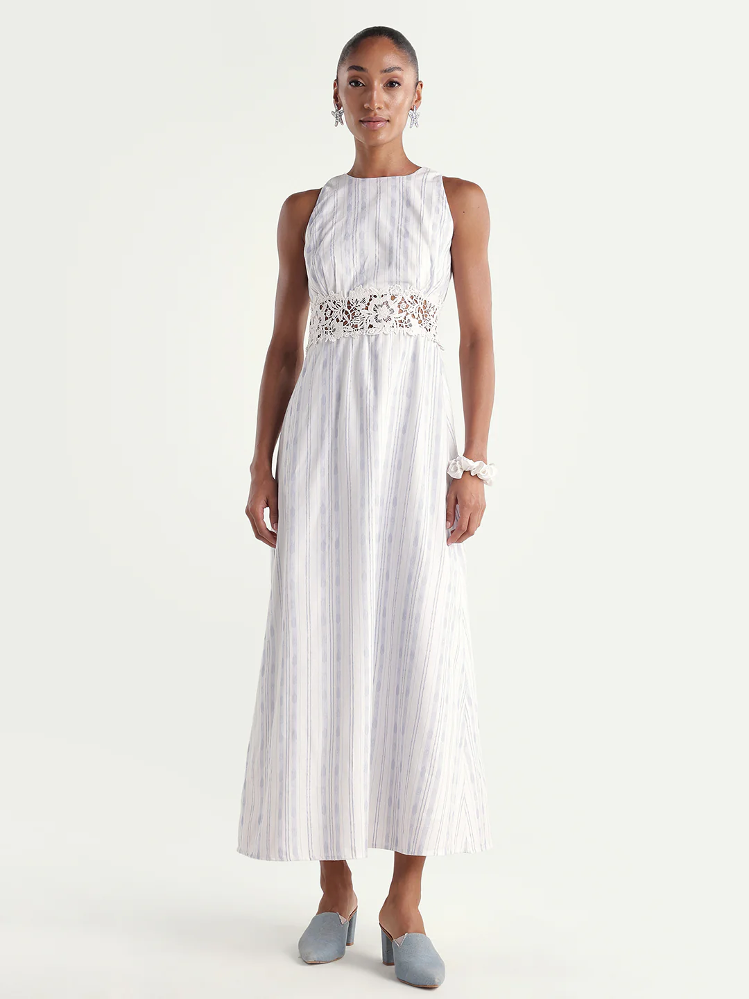 Rareism Women's Kavi Light Blue Cotton Crew Neck Fit And Flare Striped Dress - Image 4