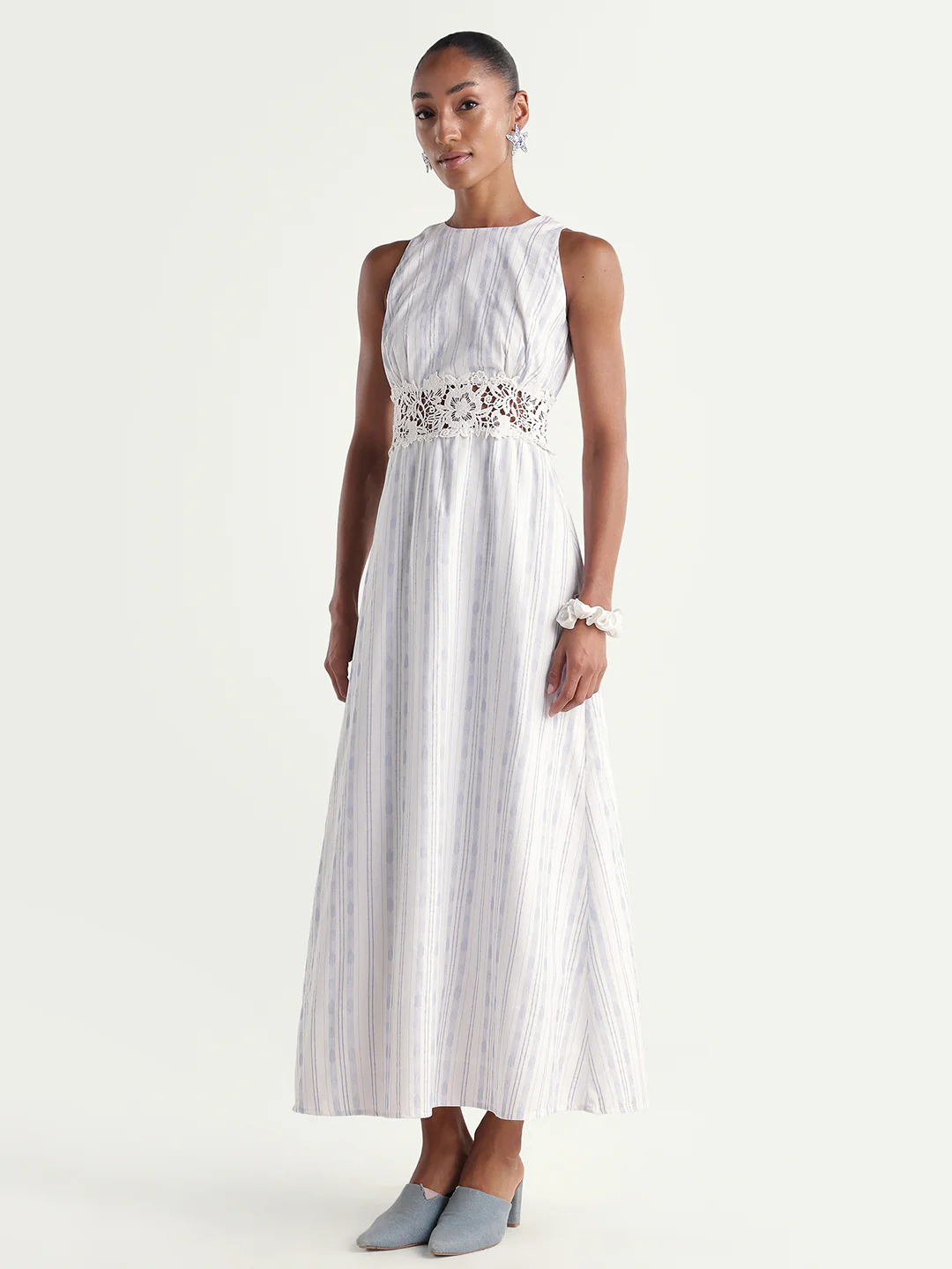 Rareism Women's Kavi Light Blue Cotton Crew Neck Fit And Flare Striped Dress - Image 5