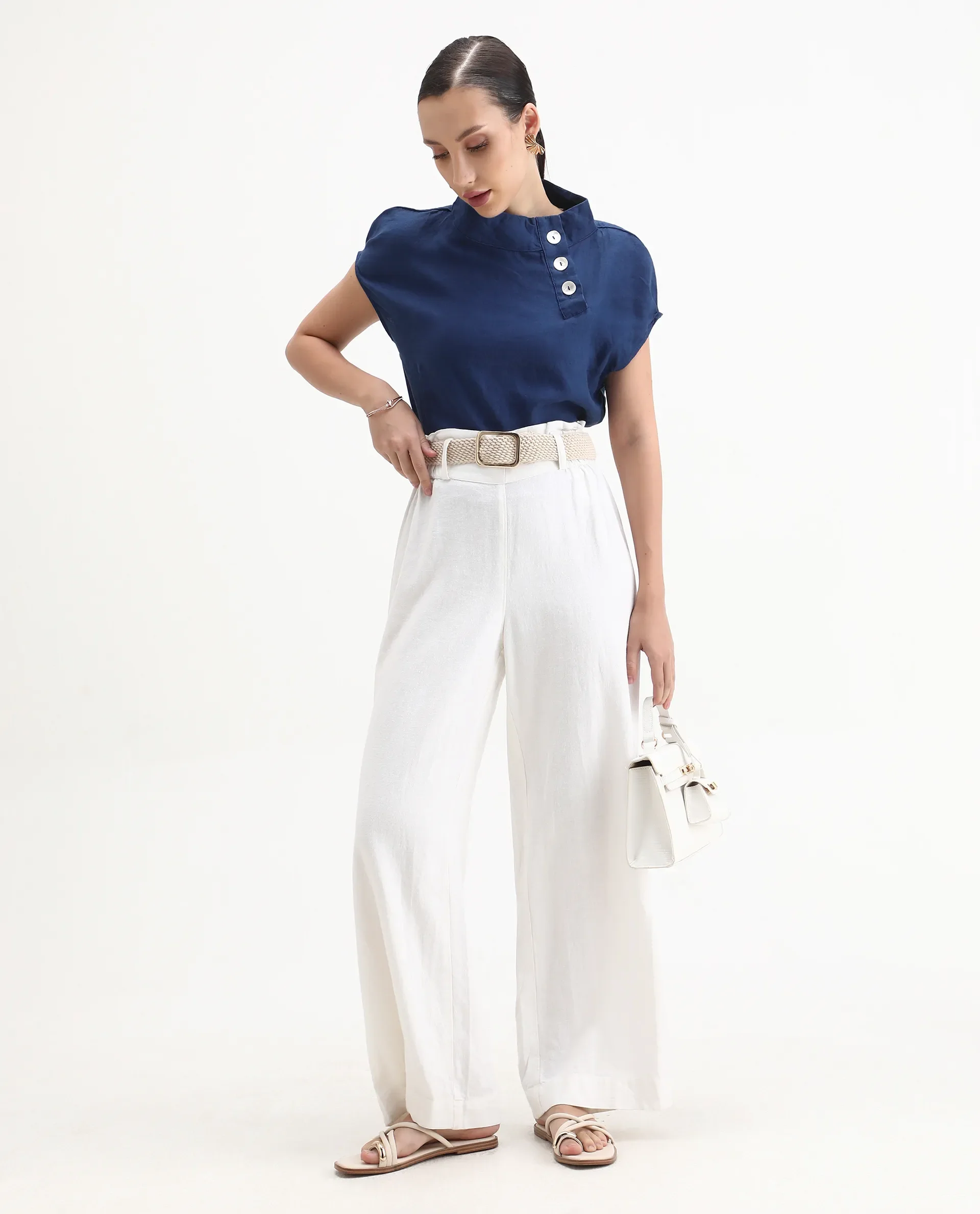 Rareism Women's Kavier Blue Linen High Neck Plain Knee Length Regular Fit Top - Image 2