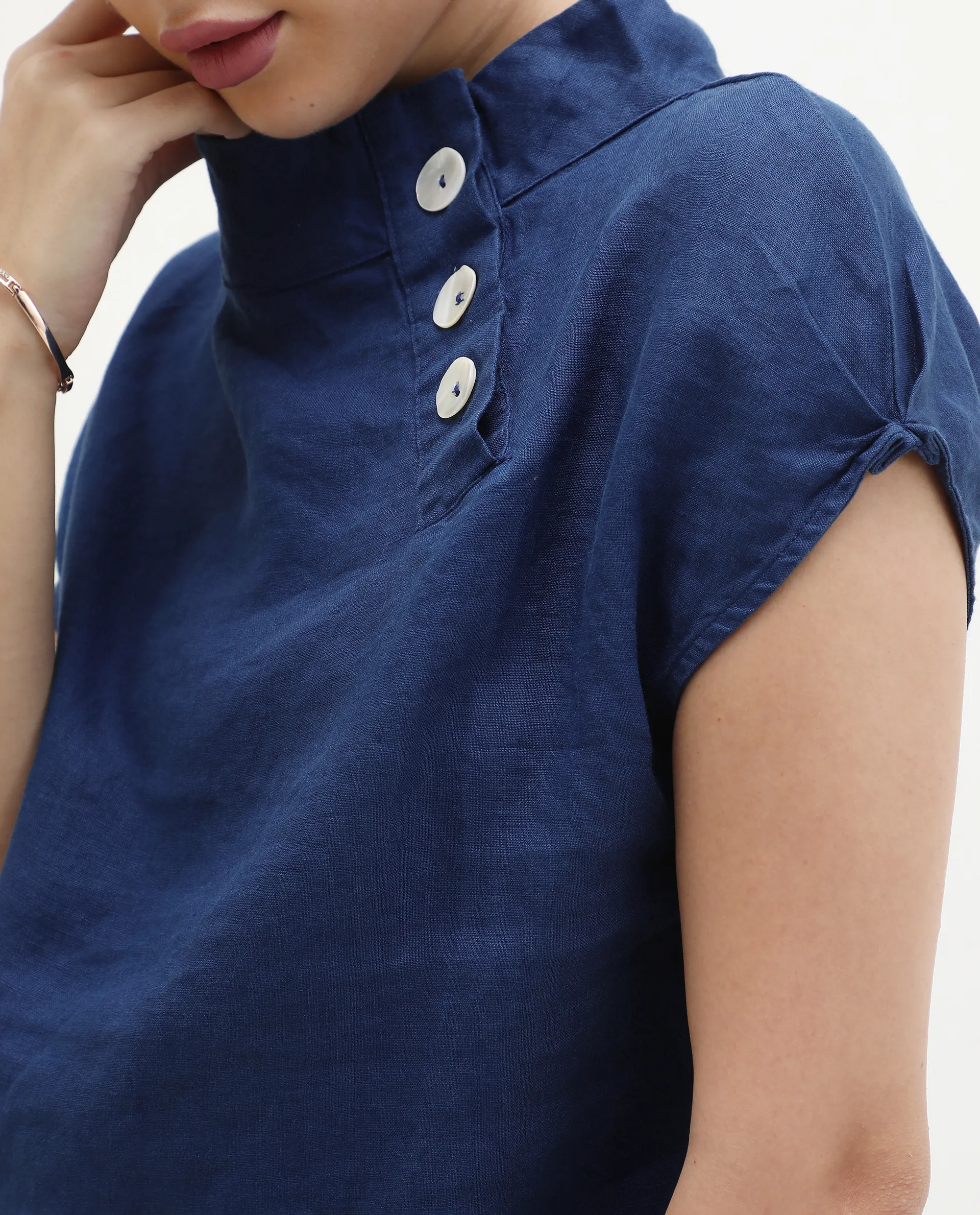 Rareism Women's Kavier Blue Linen High Neck Plain Knee Length Regular Fit Top - Image 3