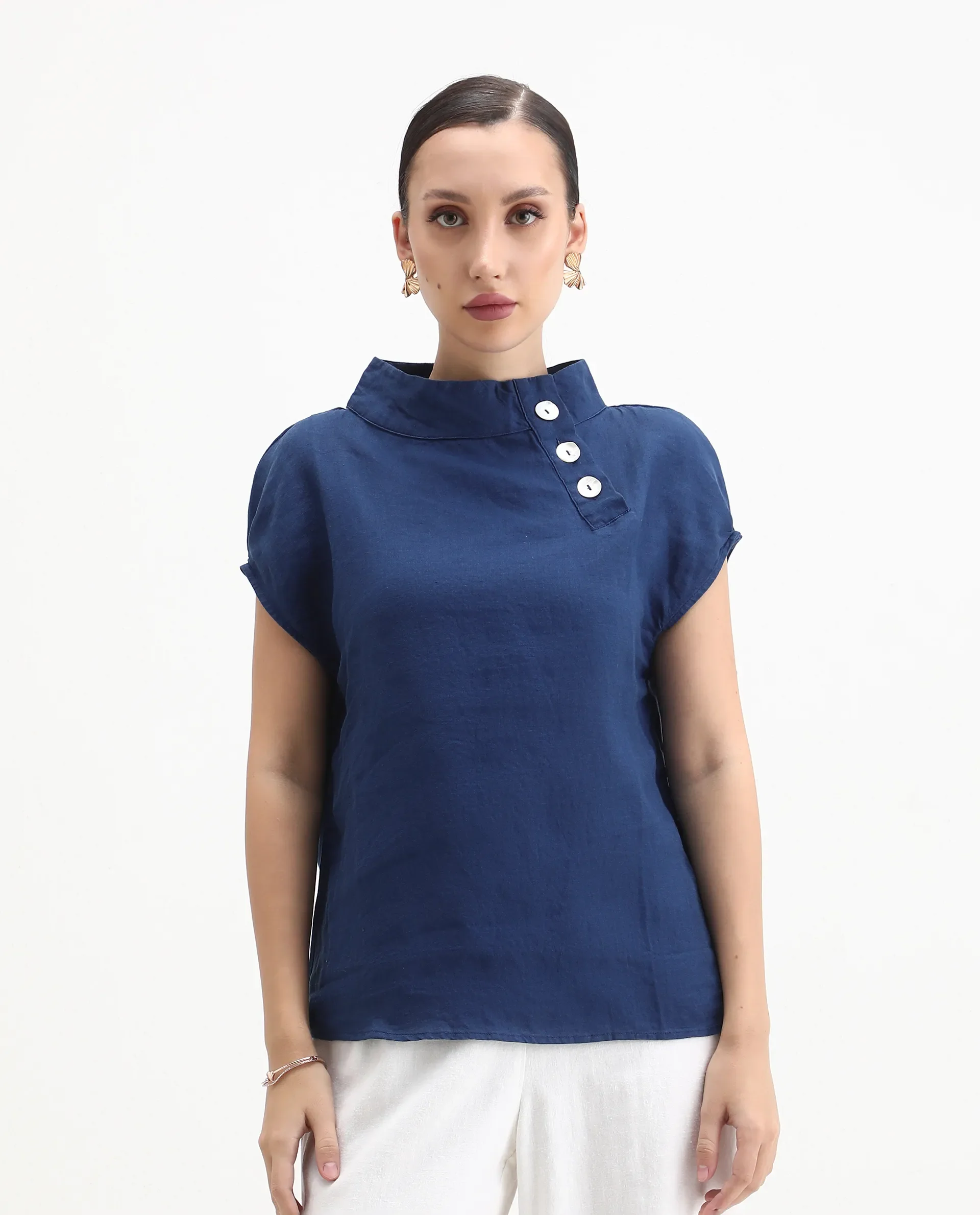 Rareism Women's Kavier Blue Linen High Neck Plain Knee Length Regular Fit Top - Image 4