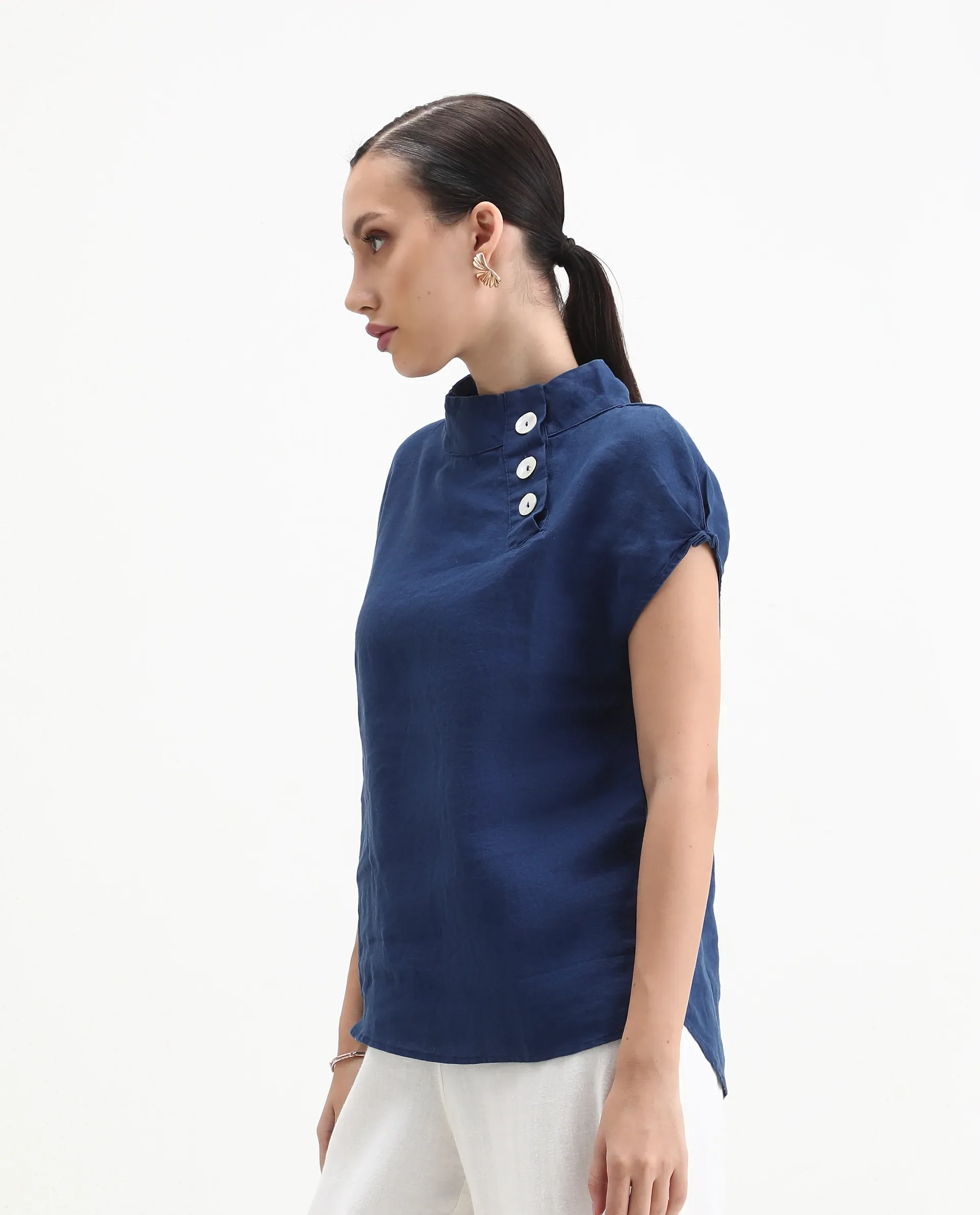 Rareism Women's Kavier Blue Linen High Neck Plain Knee Length Regular Fit Top - Image 5