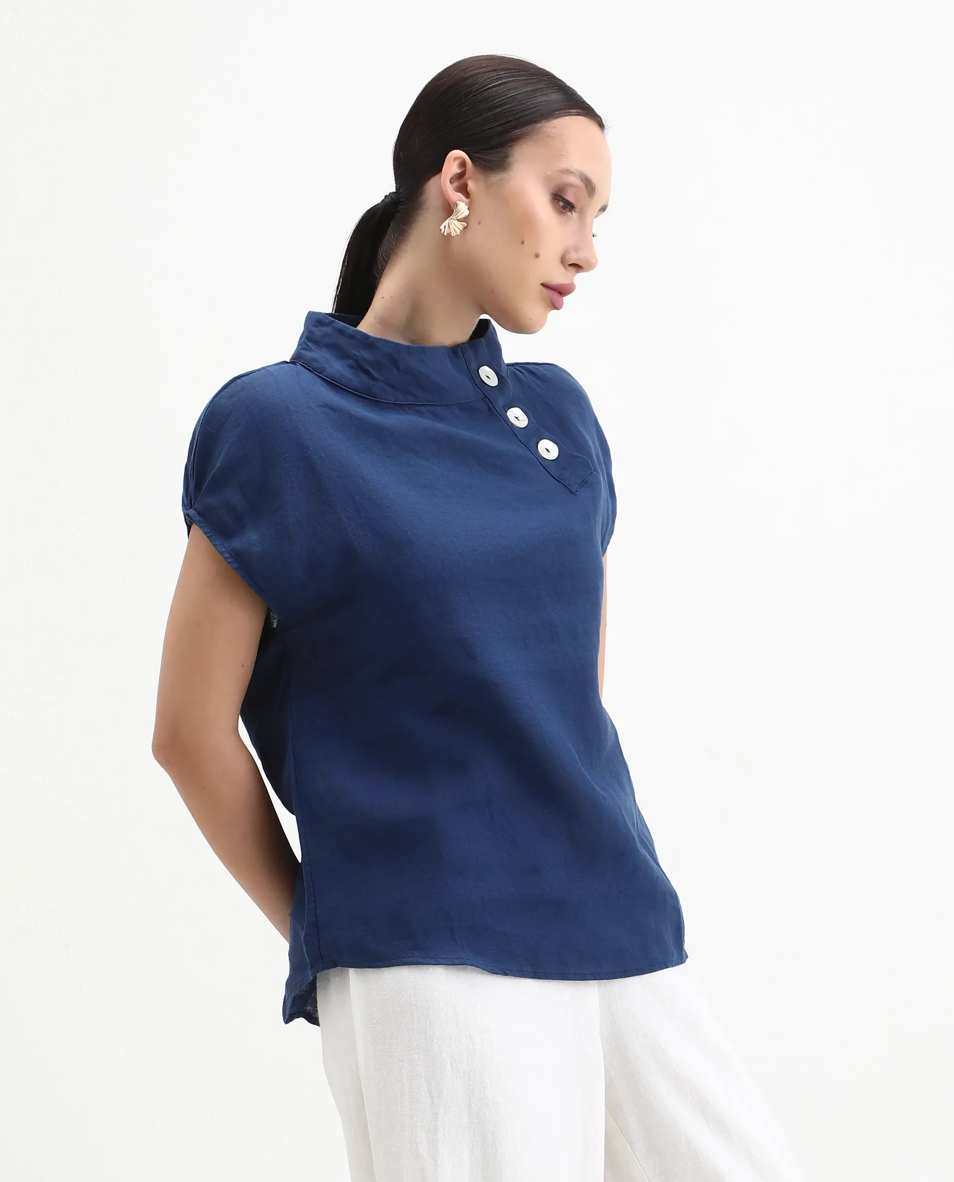 Rareism Women's Kavier Blue Linen High Neck Plain Knee Length Regular Fit Top - Image 6