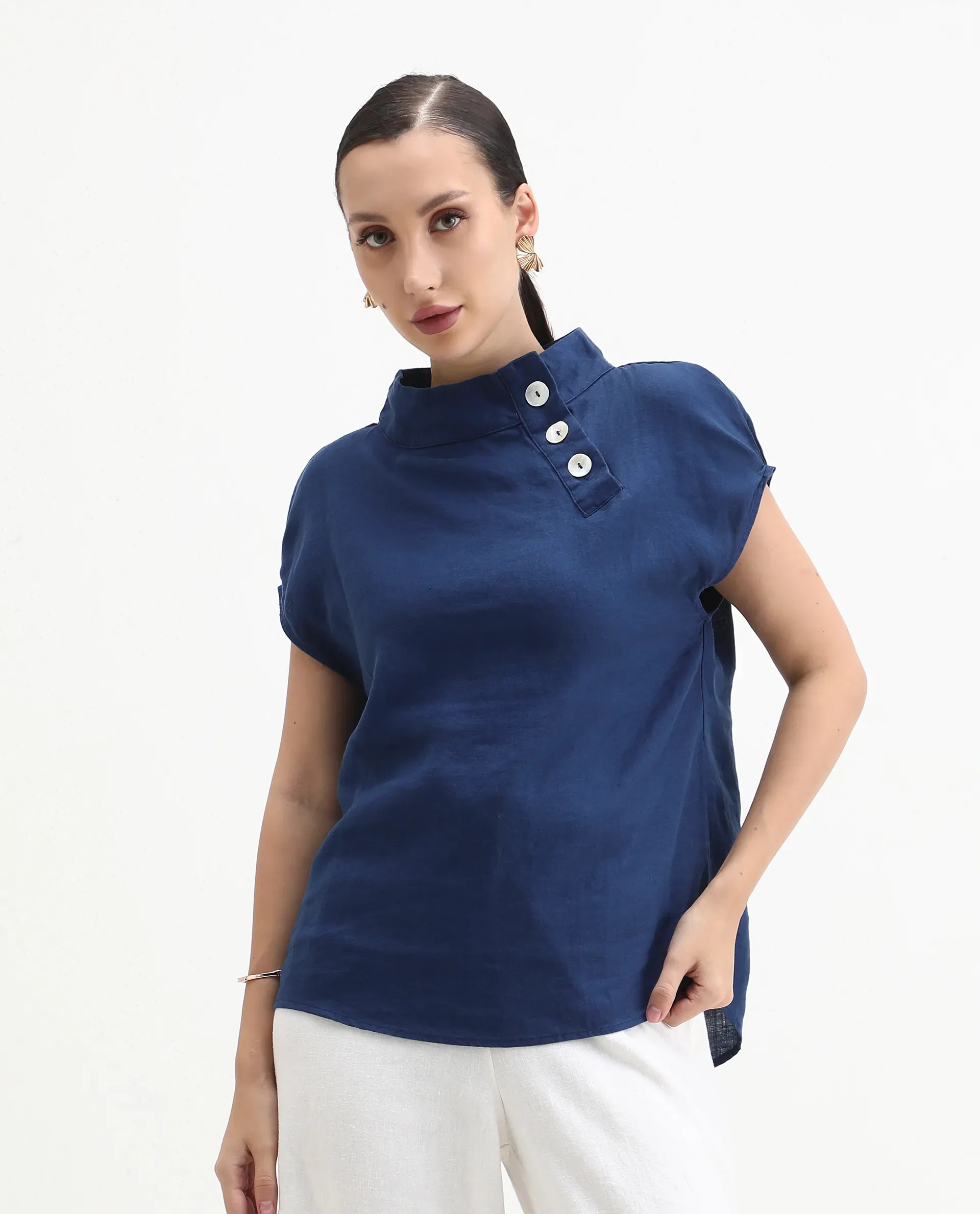 Rareism Women's Kavier Blue Linen High Neck Plain Knee Length Regular Fit Top - Image 7