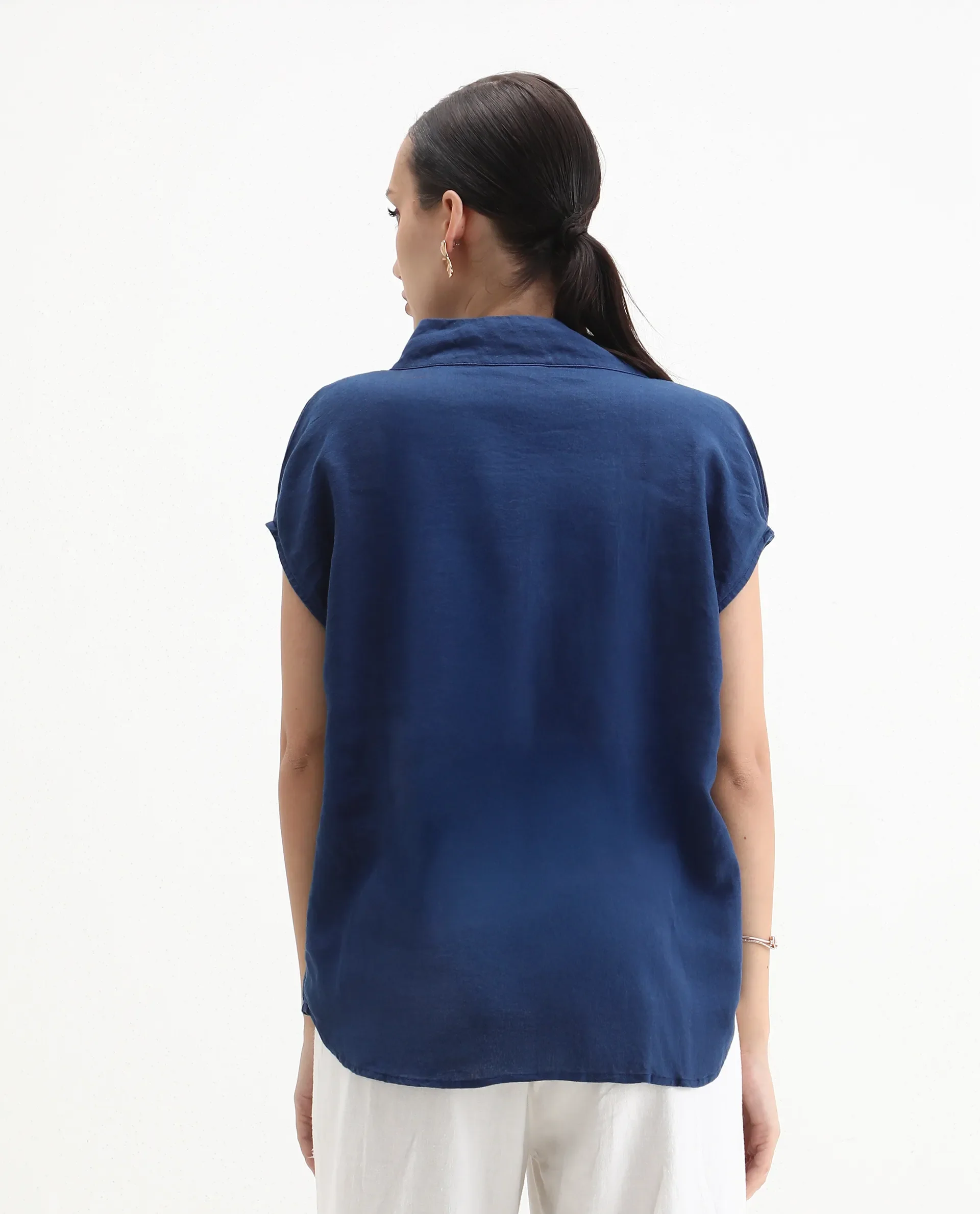Rareism Women's Kavier Blue Linen High Neck Plain Knee Length Regular Fit Top - Image 8