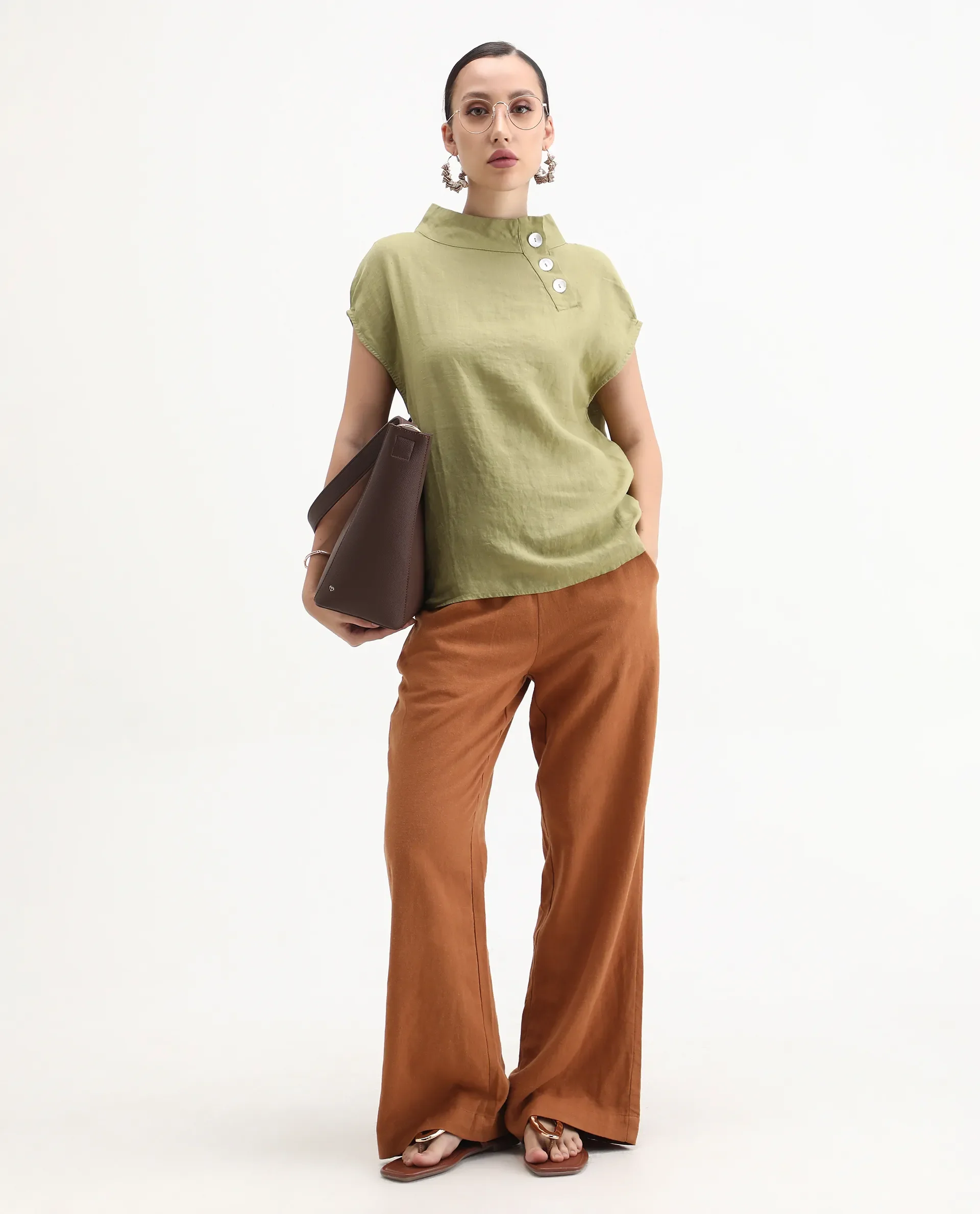 Rareism Women's Kavier Green Linen High Neck Plain Regular Fit Top - Image 2