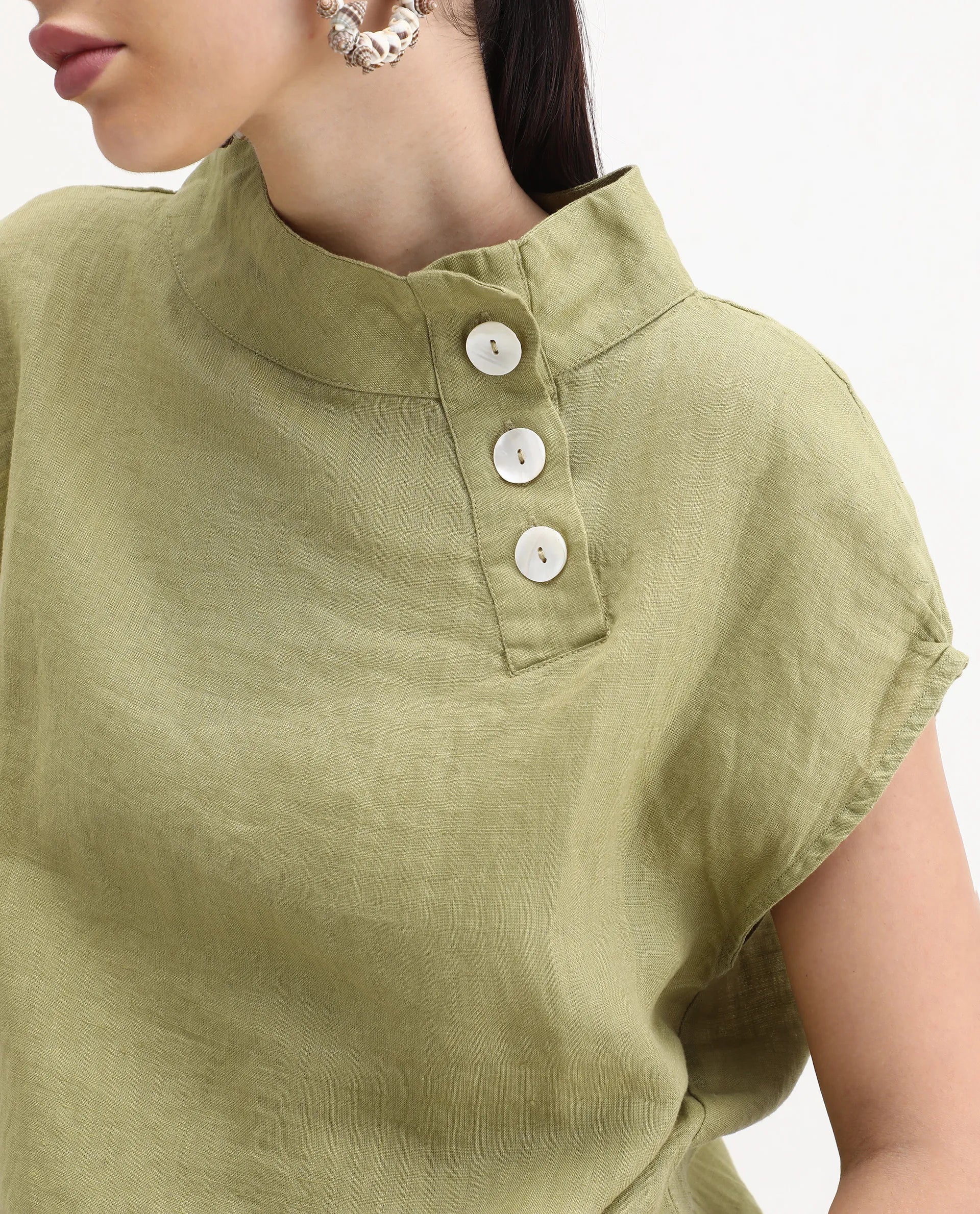Rareism Women's Kavier Green Linen High Neck Plain Regular Fit Top - Image 3