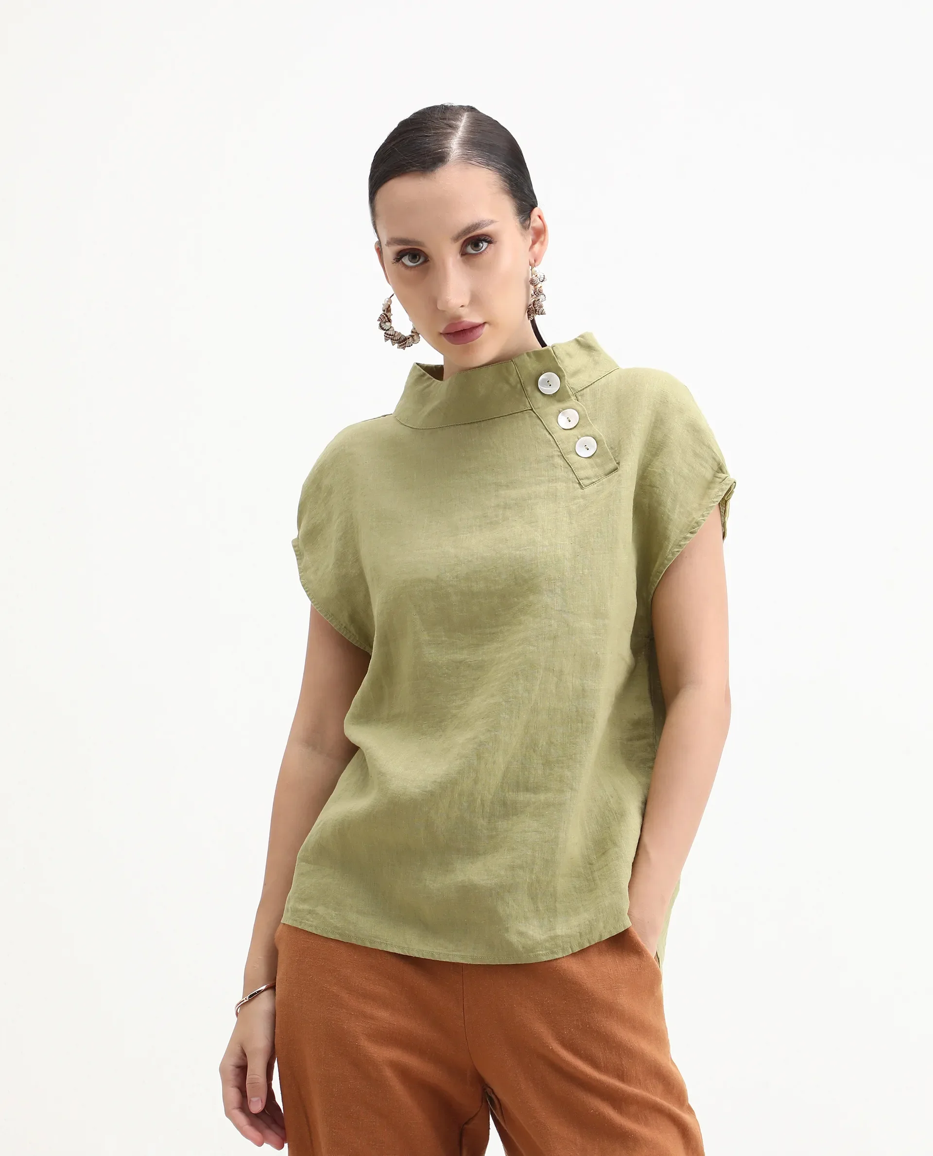 Rareism Women's Kavier Green Linen High Neck Plain Regular Fit Top - Image 4