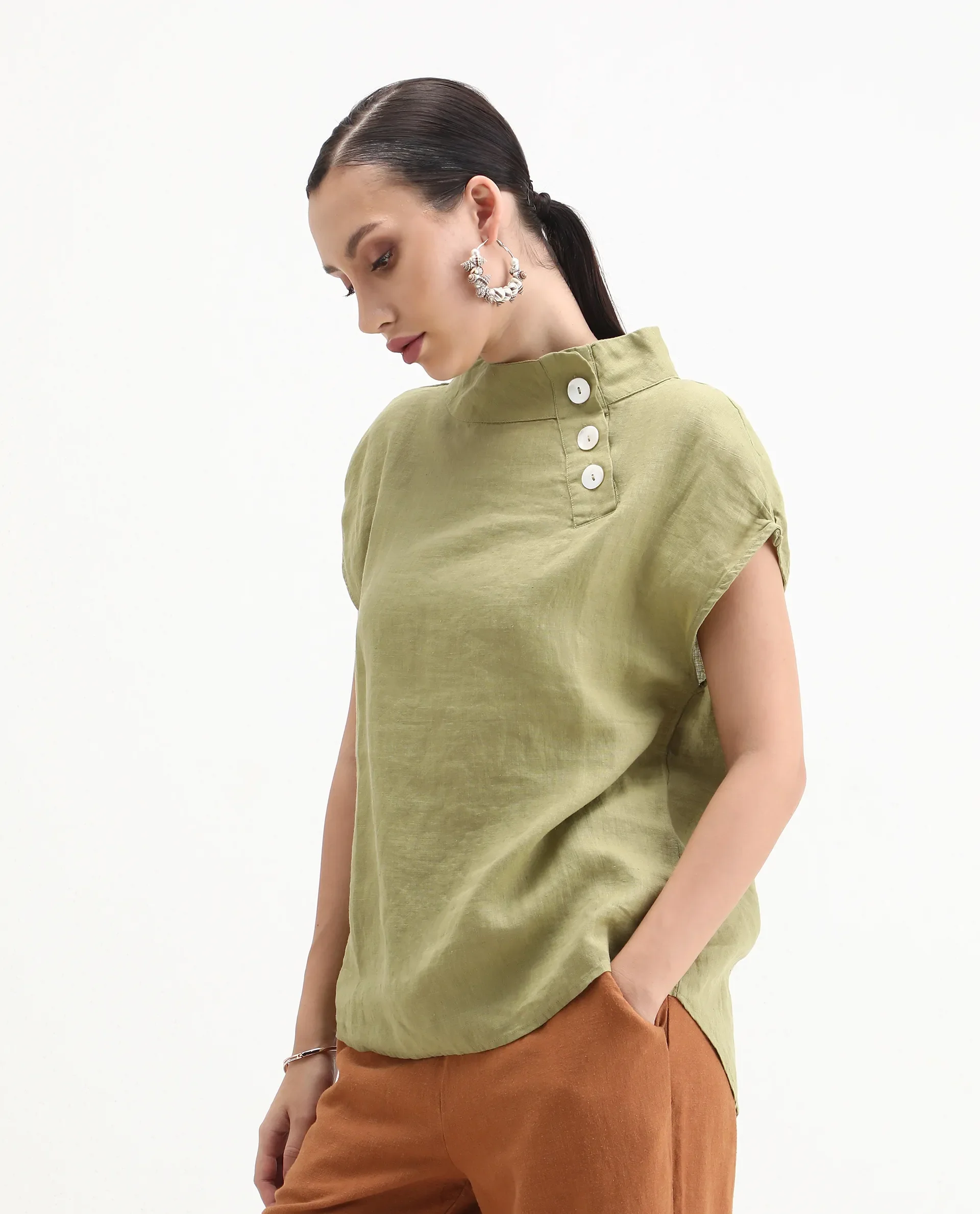 Rareism Women's Kavier Green Linen High Neck Plain Regular Fit Top - Image 5