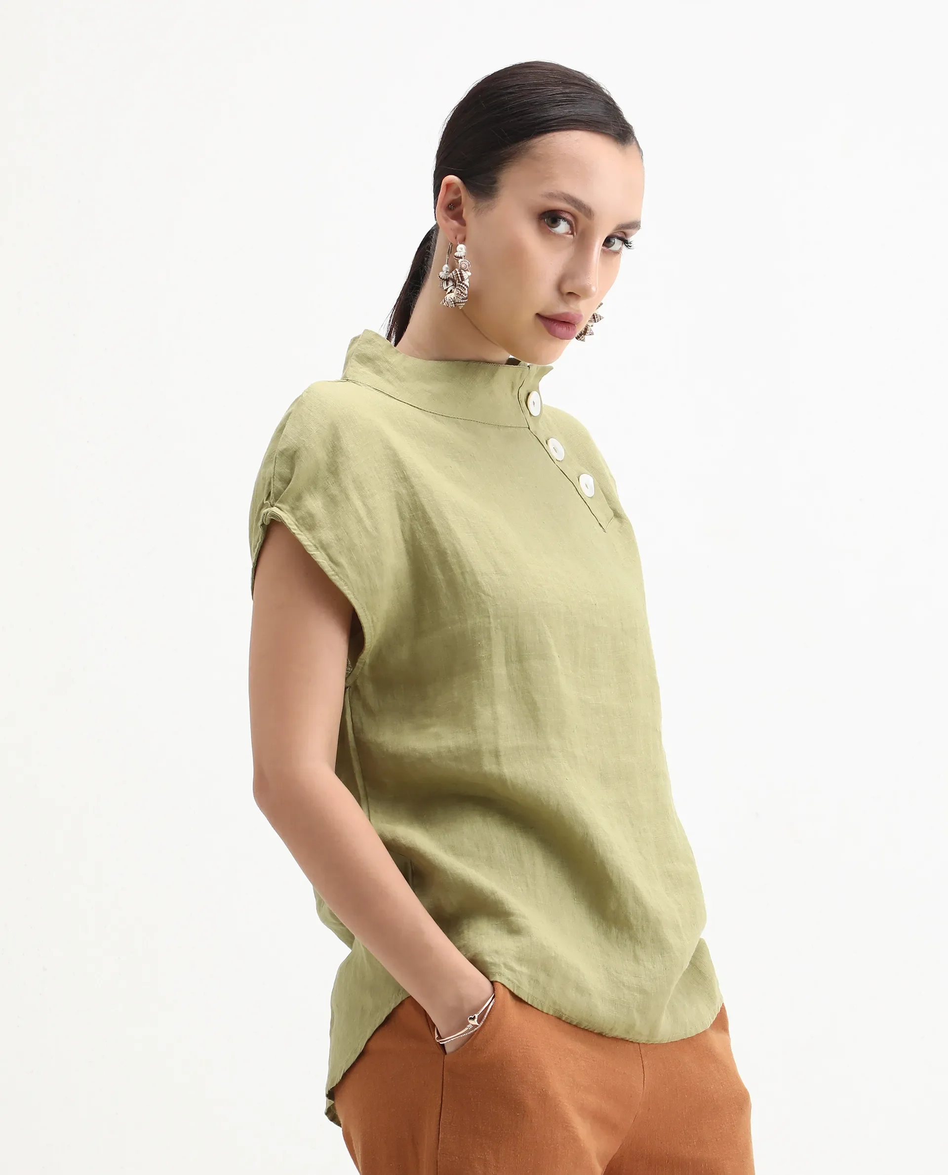 Rareism Women's Kavier Green Linen High Neck Plain Regular Fit Top - Image 6