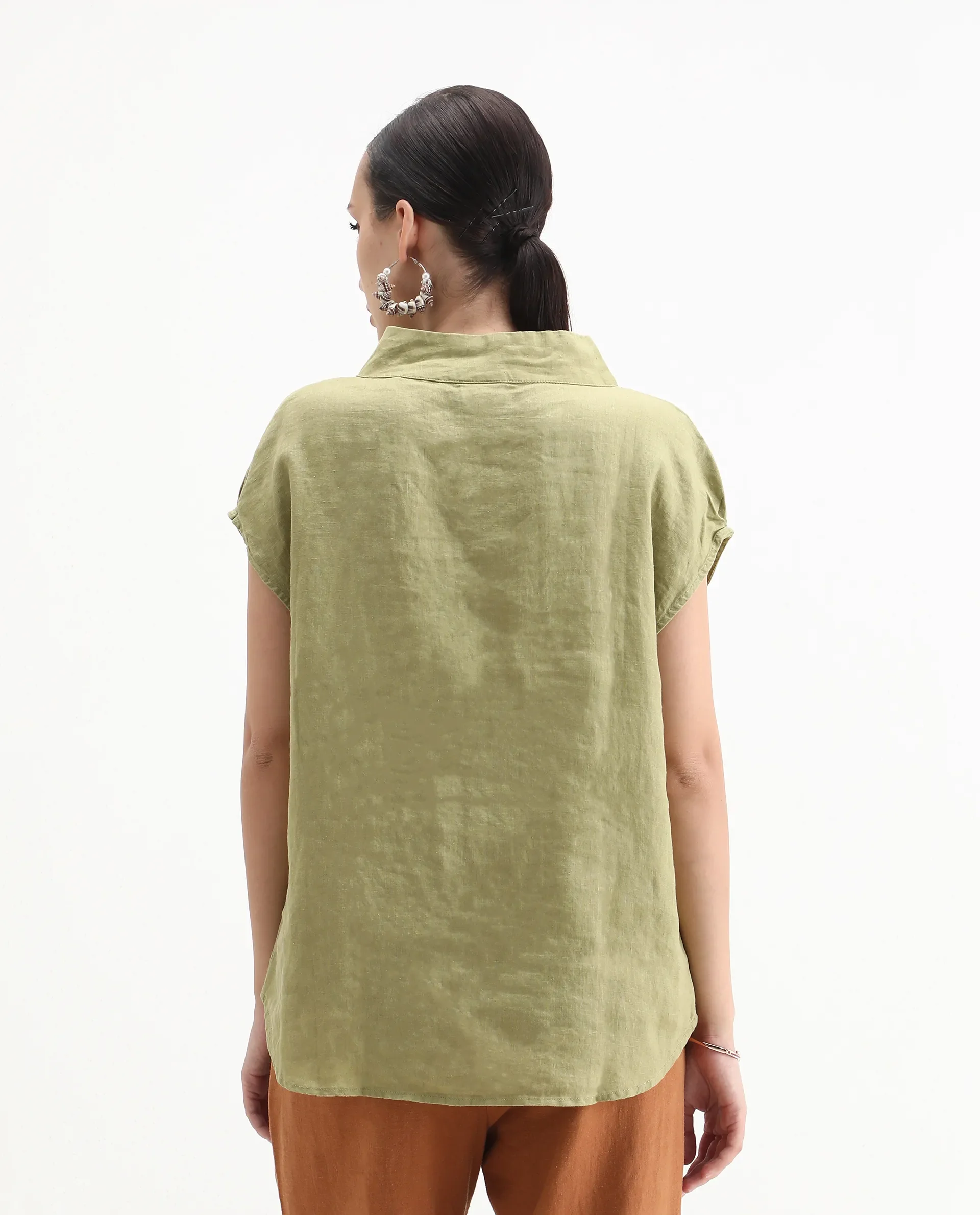 Rareism Women's Kavier Green Linen High Neck Plain Regular Fit Top - Image 7