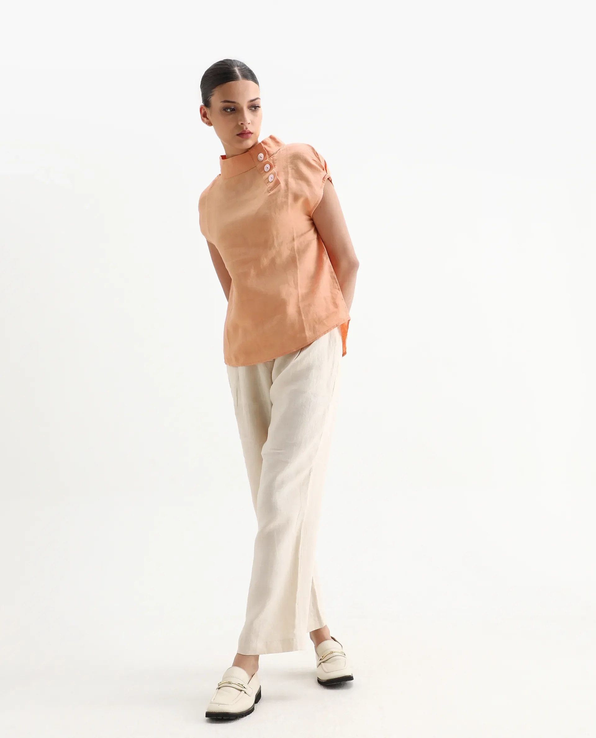 Rareism Women's Kavier Orange Linen High Neck Plain Regular Fit Top - Image 2