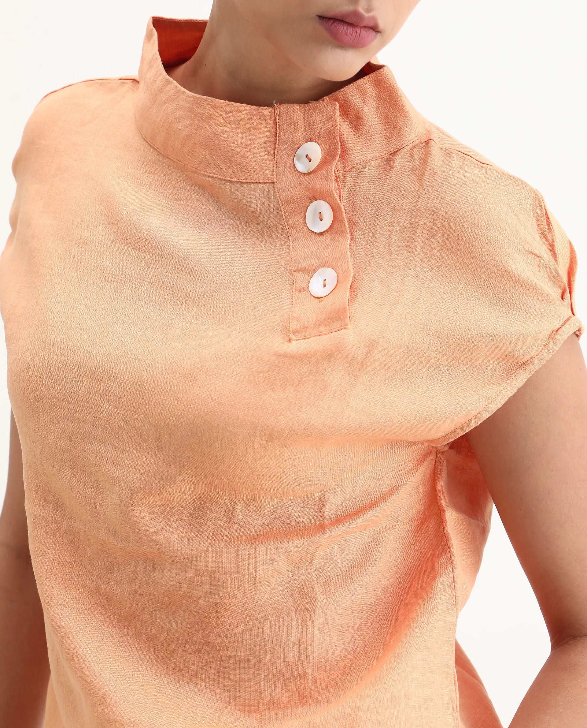 Rareism Women's Kavier Orange Linen High Neck Plain Regular Fit Top - Image 3
