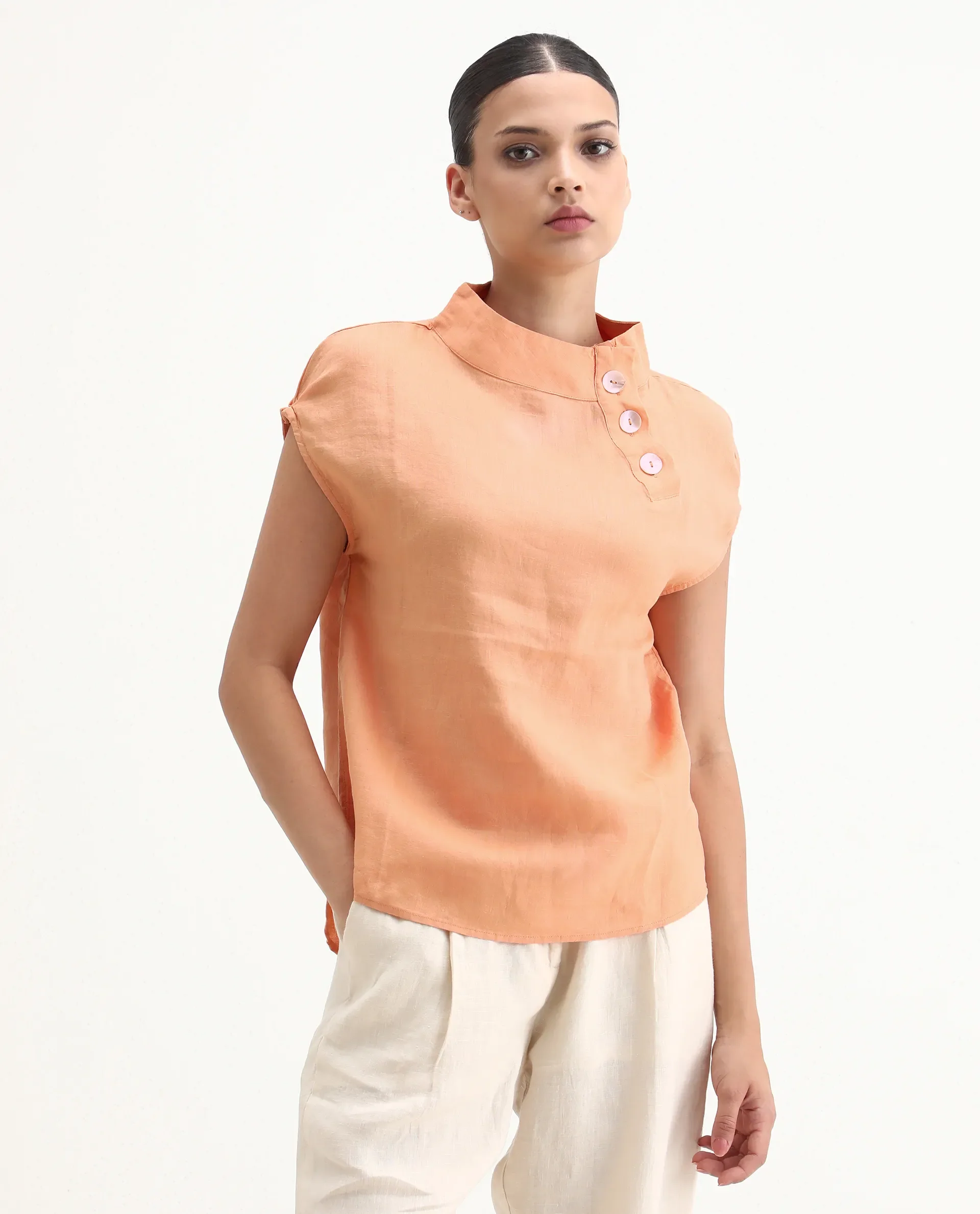 Rareism Women's Kavier Orange Linen High Neck Plain Regular Fit Top - Image 4