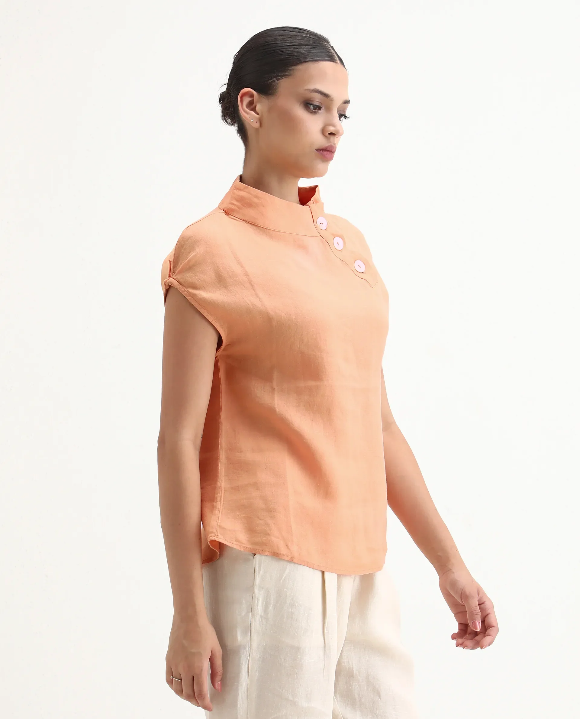Rareism Women's Kavier Orange Linen High Neck Plain Regular Fit Top - Image 5