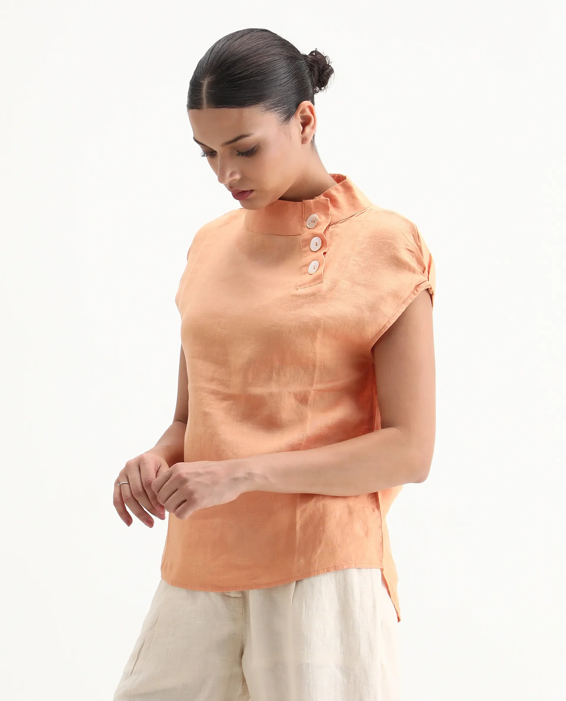 Rareism Women's Kavier Orange Linen High Neck Plain Regular Fit Top - Image 6