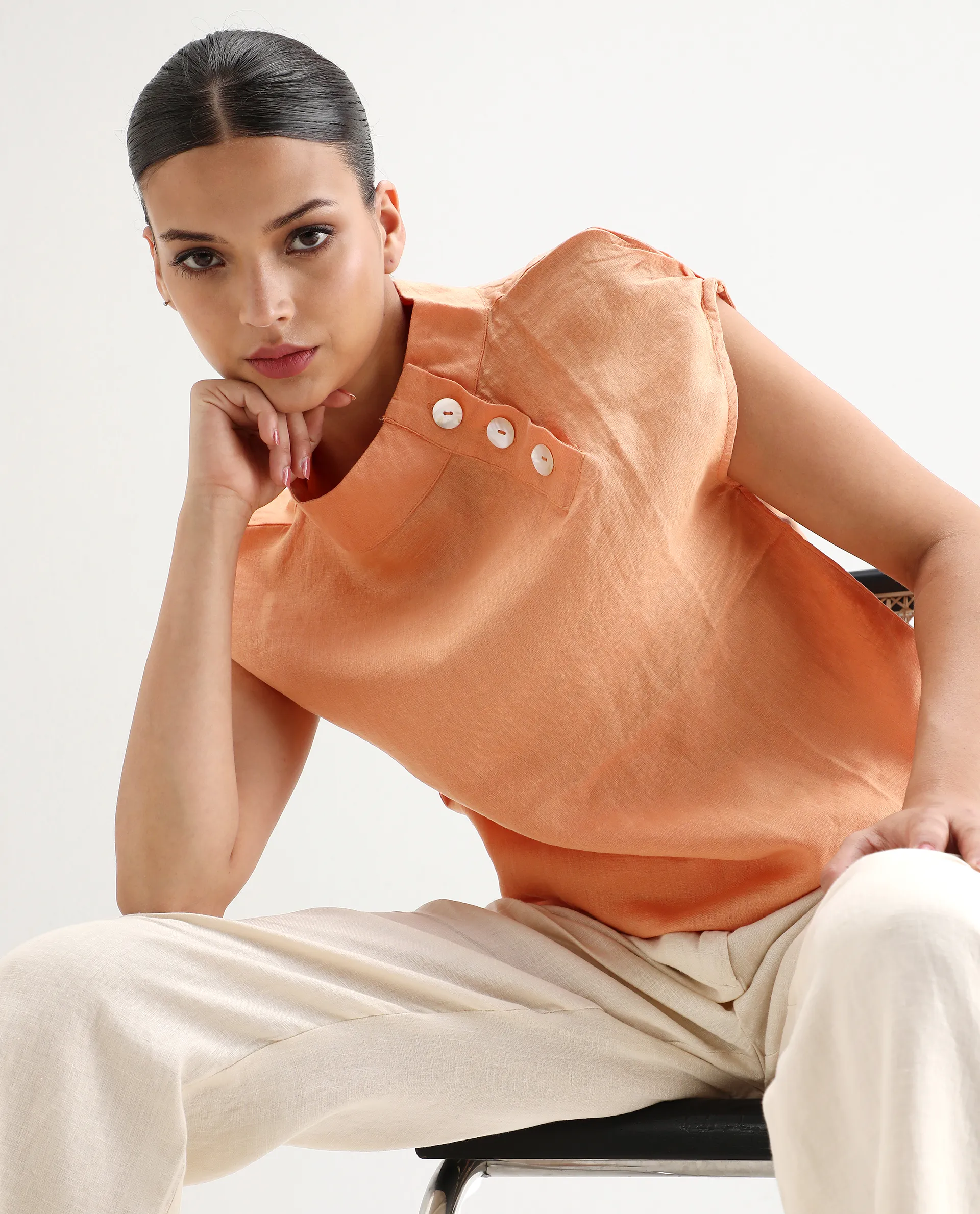 Rareism Women's Kavier Orange Linen High Neck Plain Regular Fit Top - Image 7