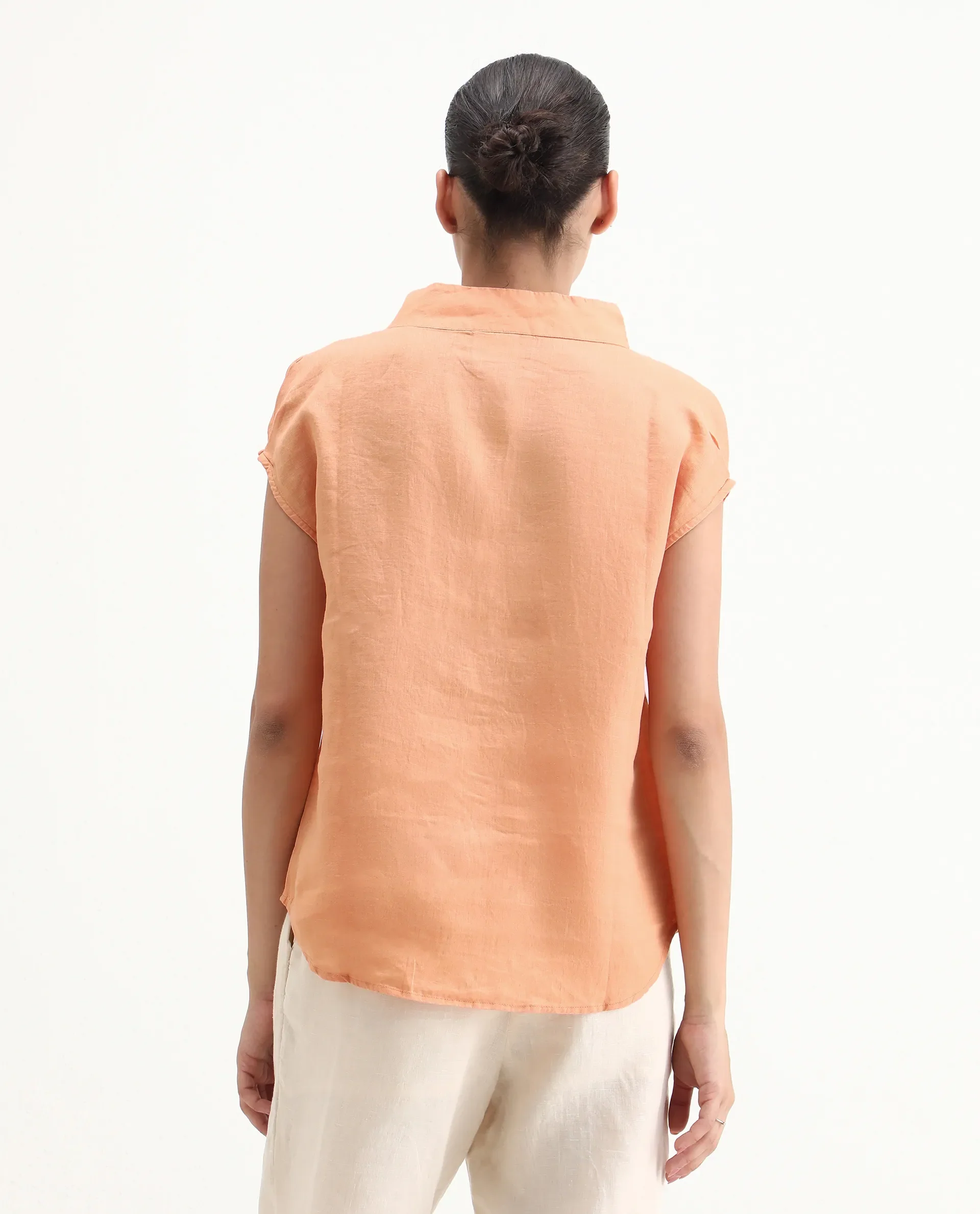 Rareism Women's Kavier Orange Linen High Neck Plain Regular Fit Top - Image 8