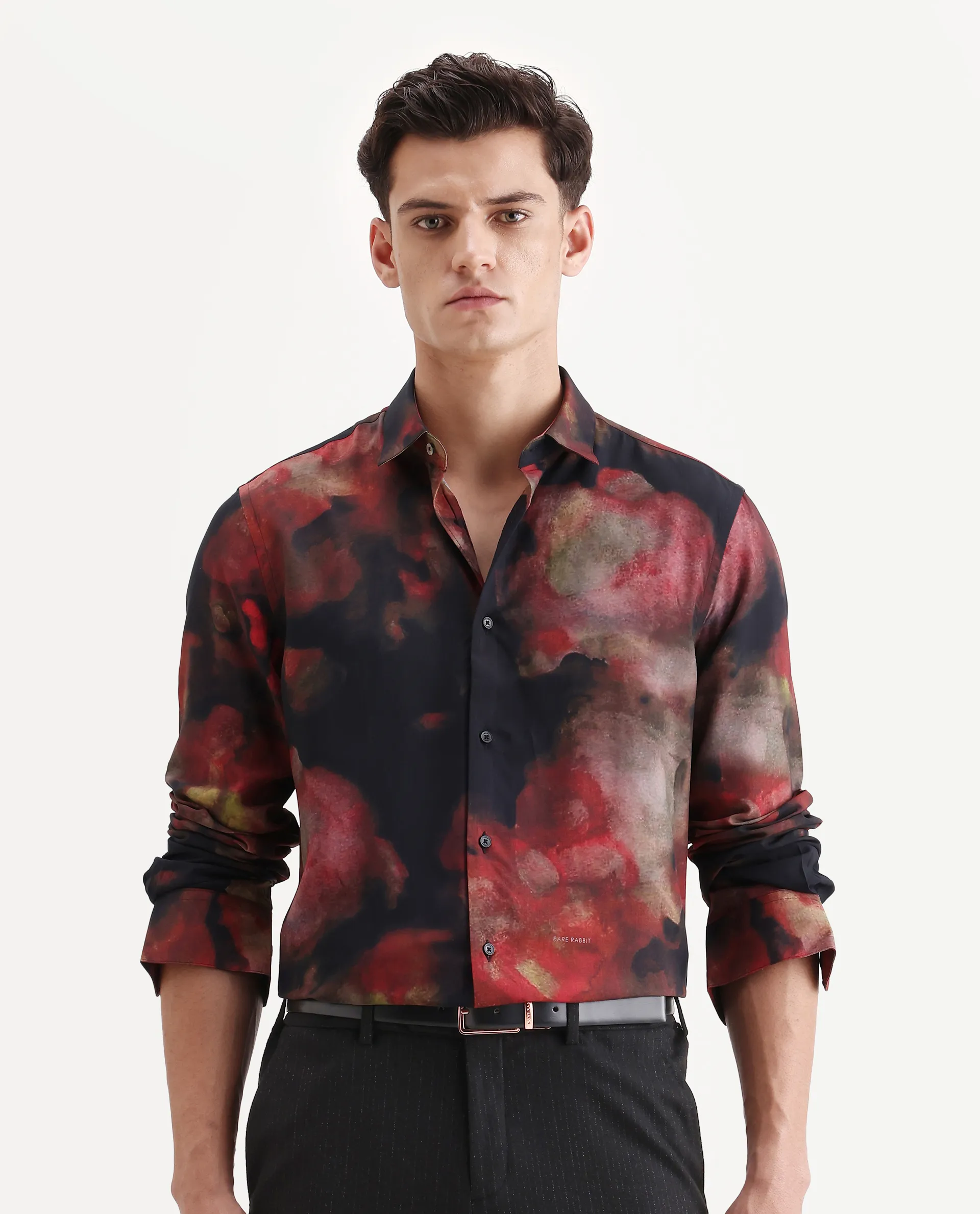 Rare Rabbit Men's Kaya Dark Red Viscose Fabric Collared Neck Regular Fit Abstract Print Shirt