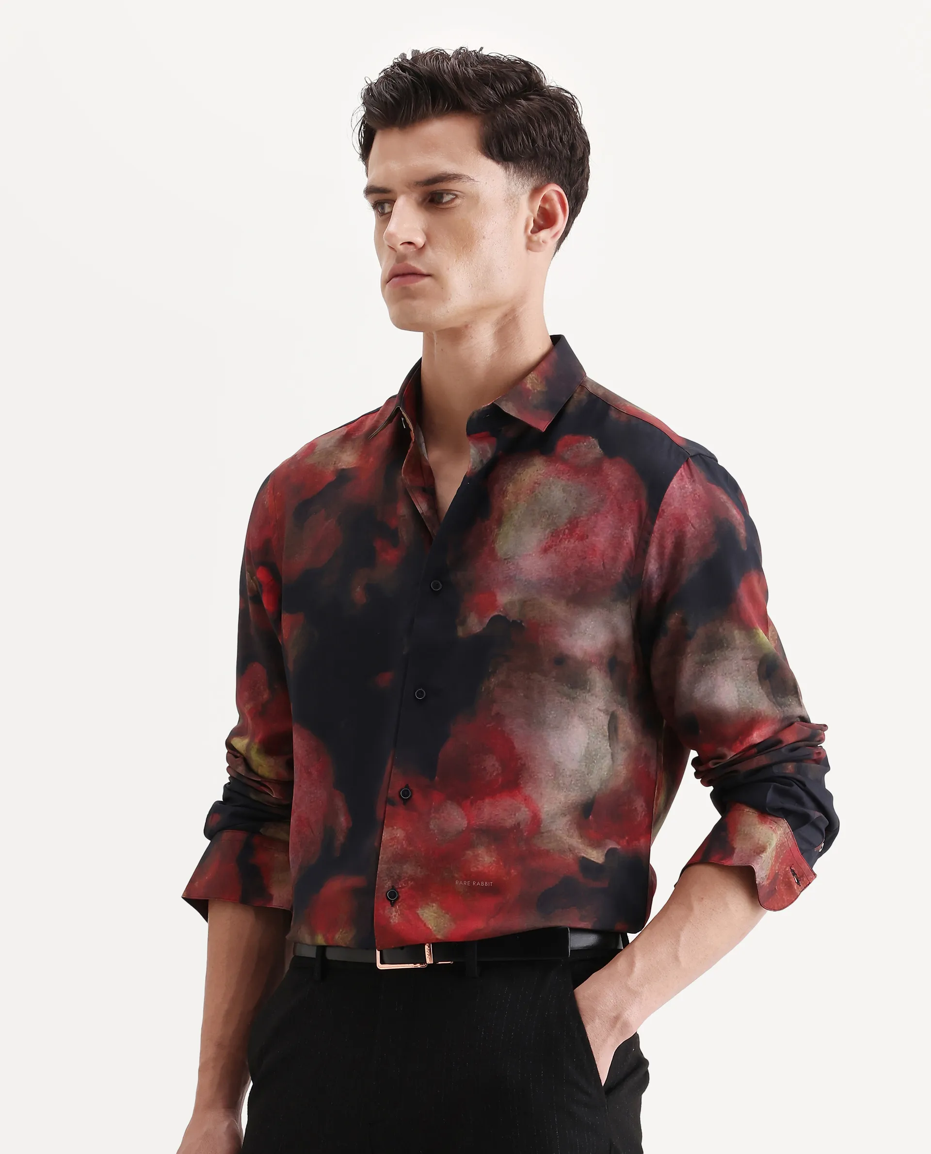 Rare Rabbit Men's Kaya Dark Red Viscose Fabric Collared Neck Regular Fit Abstract Print Shirt - Image 3