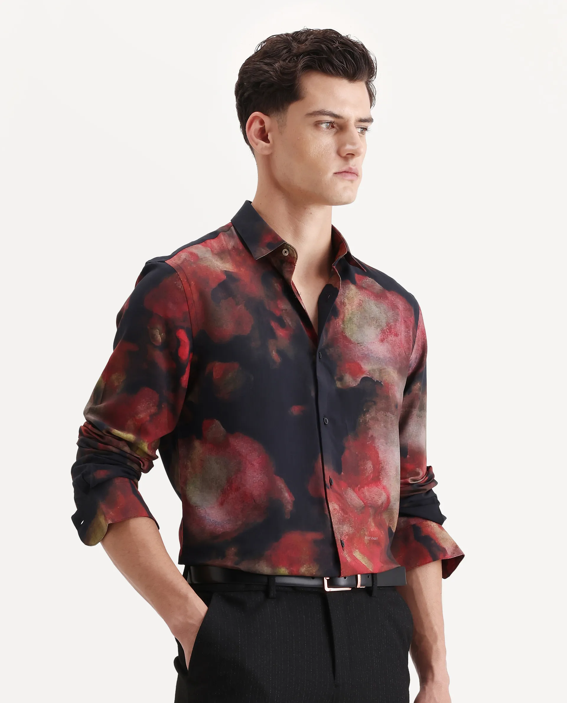 Rare Rabbit Men's Kaya Dark Red Viscose Fabric Collared Neck Regular Fit Abstract Print Shirt - Image 4