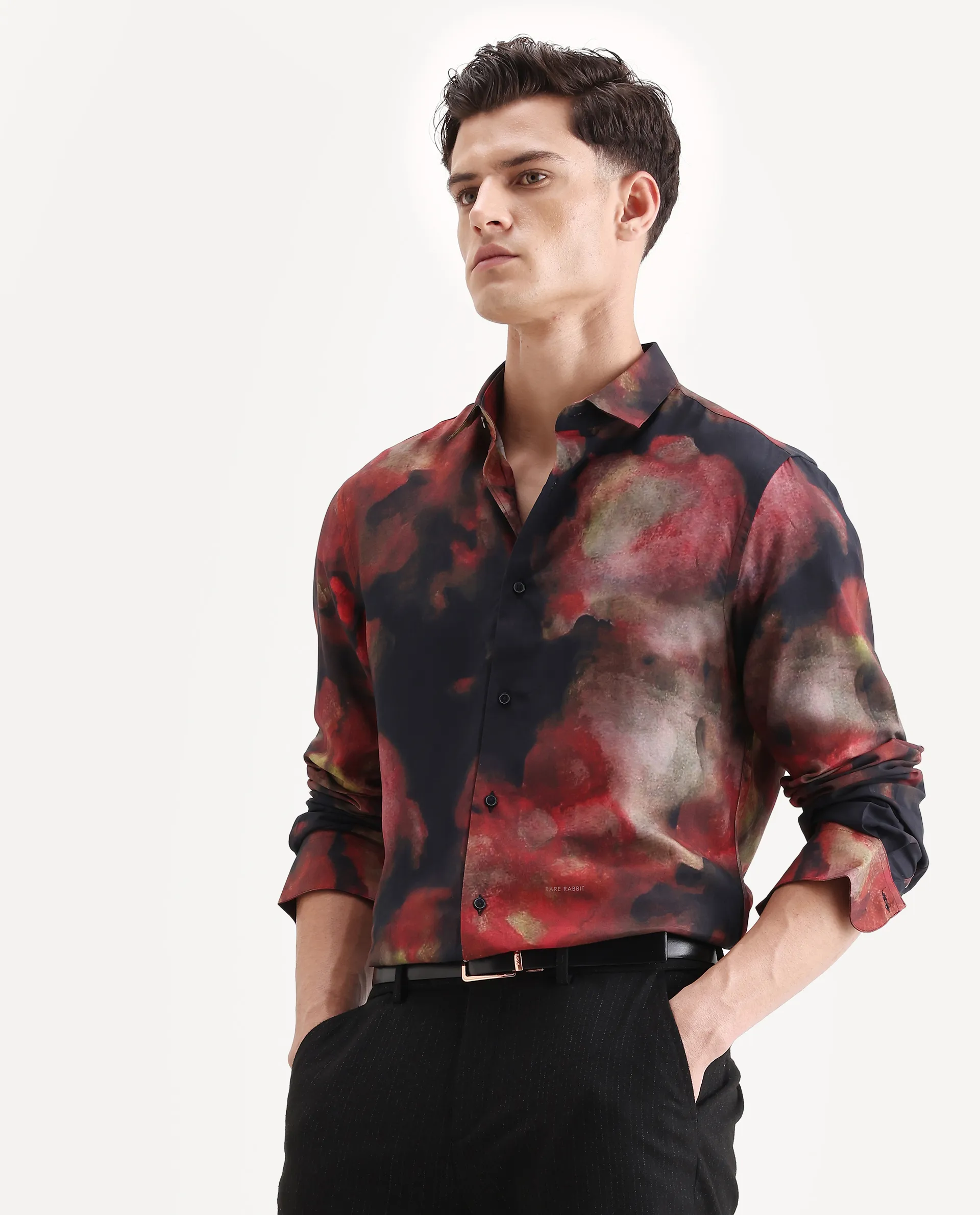 Rare Rabbit Men's Kaya Dark Red Viscose Fabric Collared Neck Regular Fit Abstract Print Shirt - Image 5