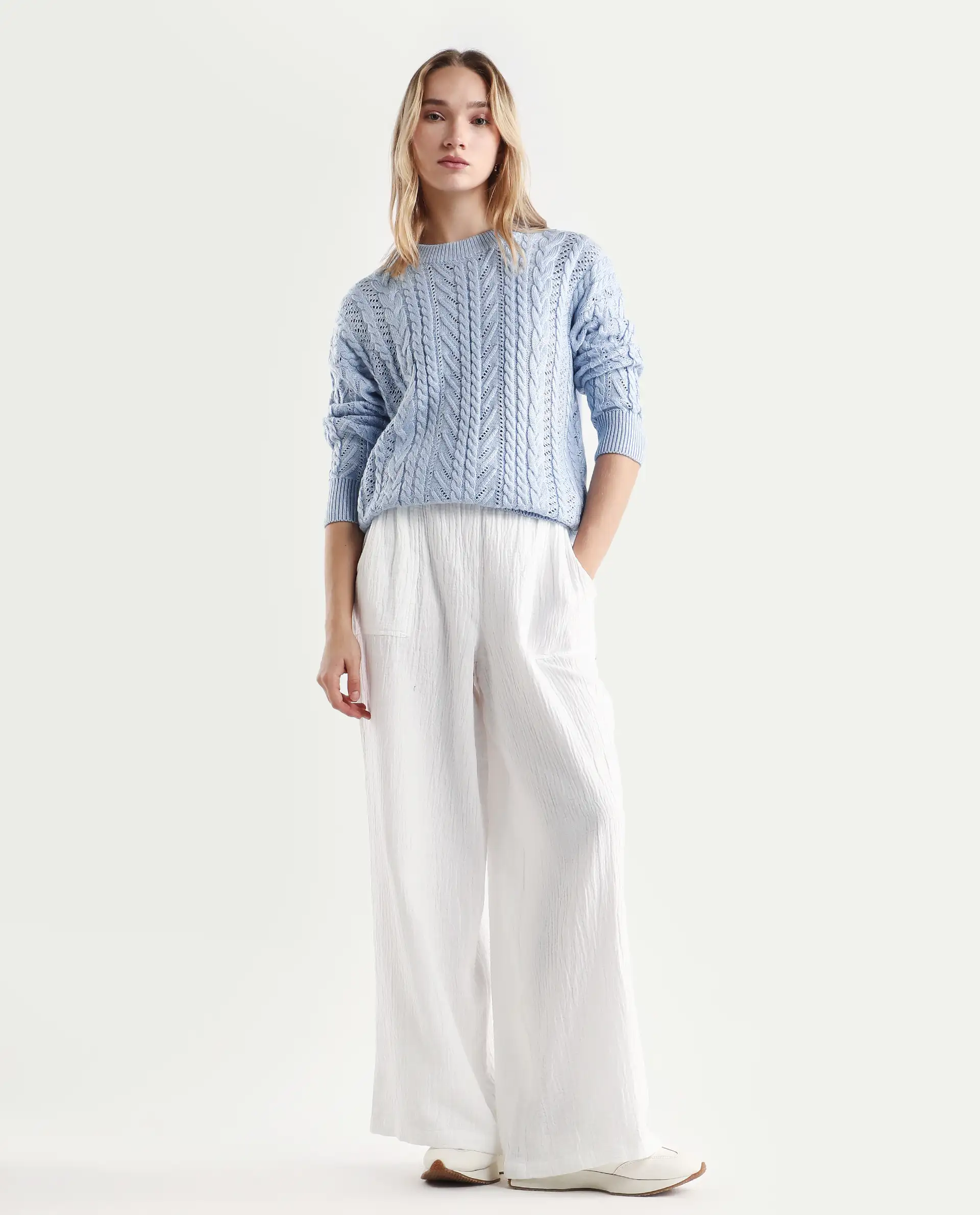 Rareism Women's Kaya Light Blue Acrylic Crew Neck Plain Regular Fit Sweater - Image 2