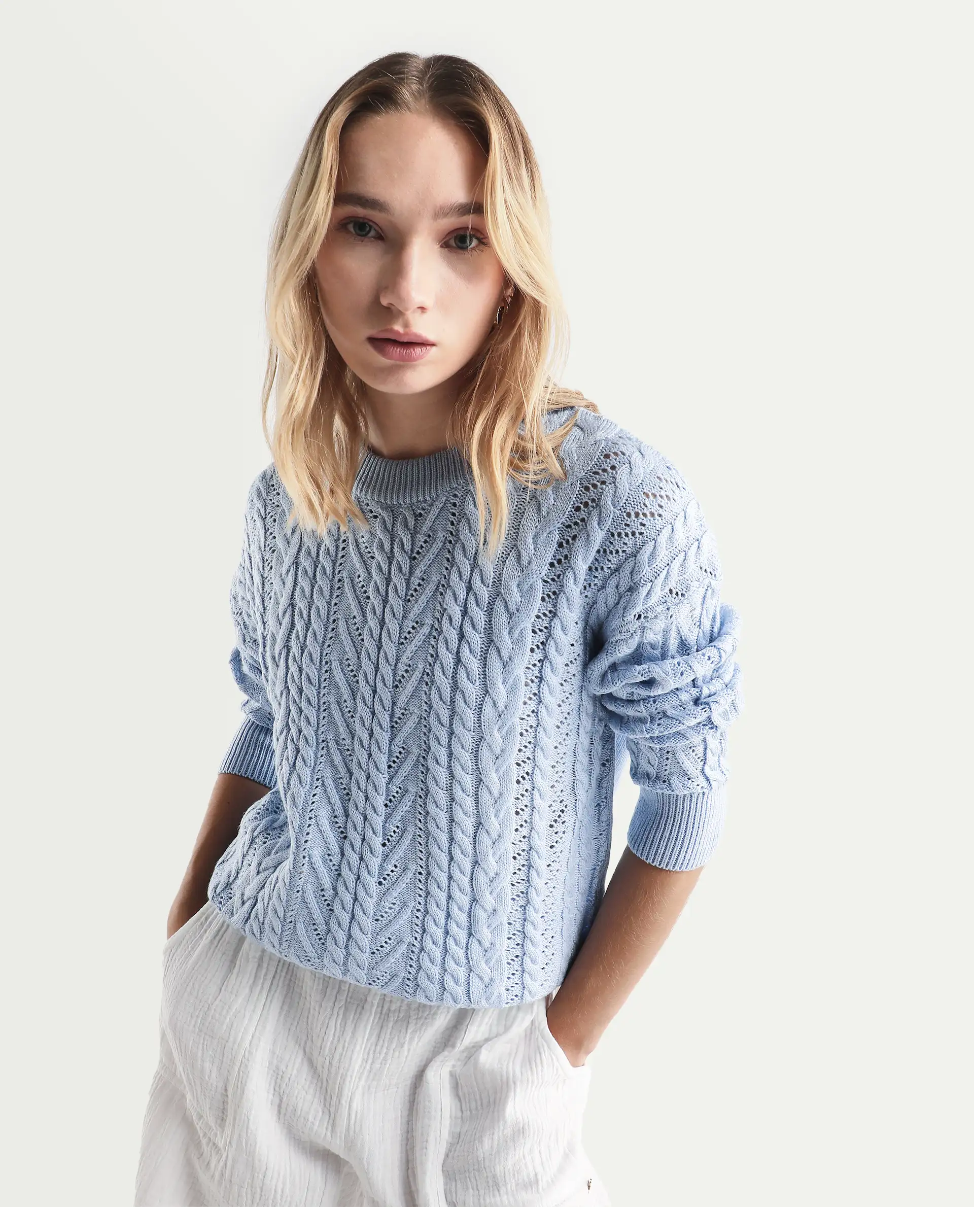 Rareism Women's Kaya Light Blue Acrylic Crew Neck Plain Regular Fit Sweater - Image 3