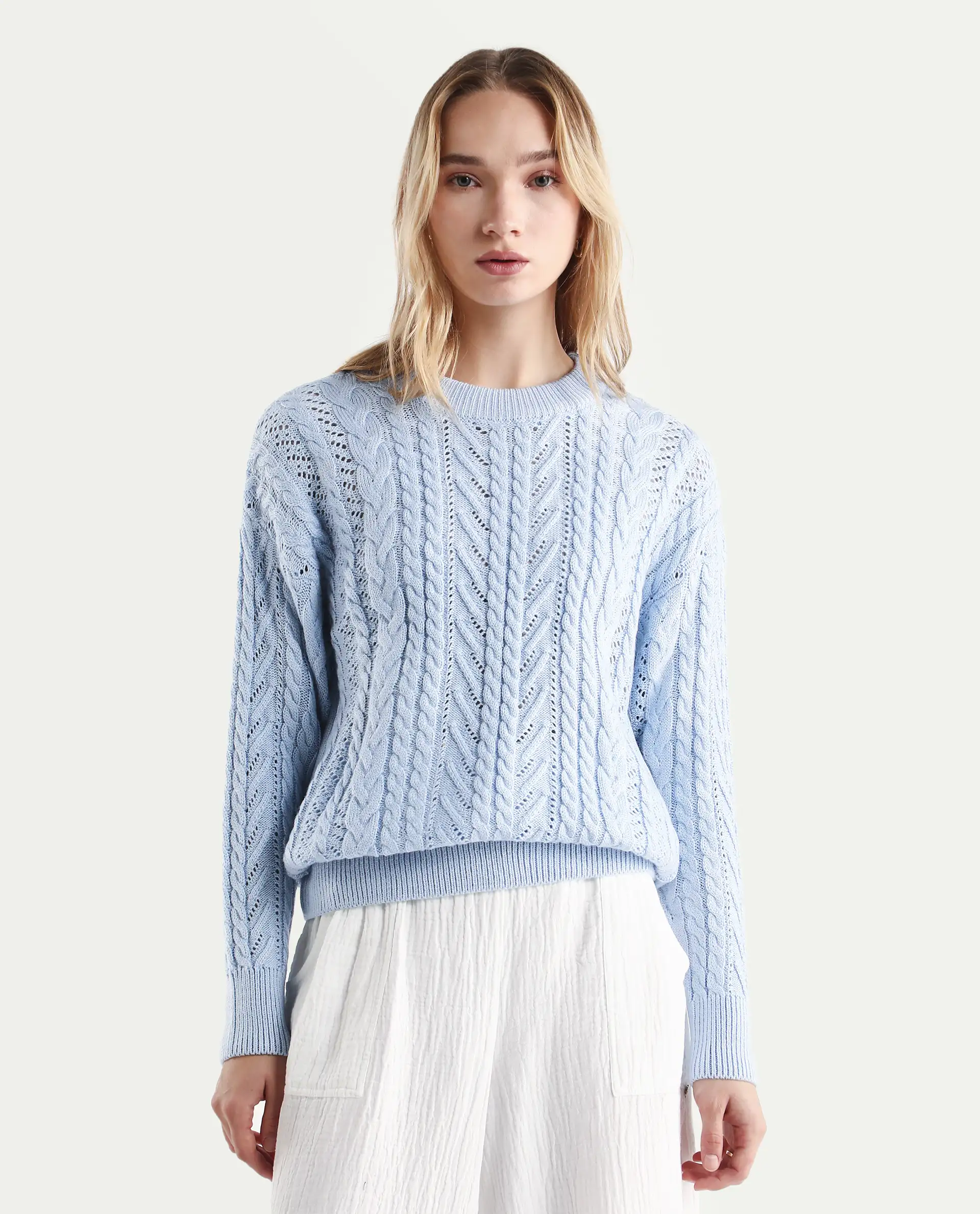 Rareism Women's Kaya Light Blue Acrylic Crew Neck Plain Regular Fit Sweater - Image 4