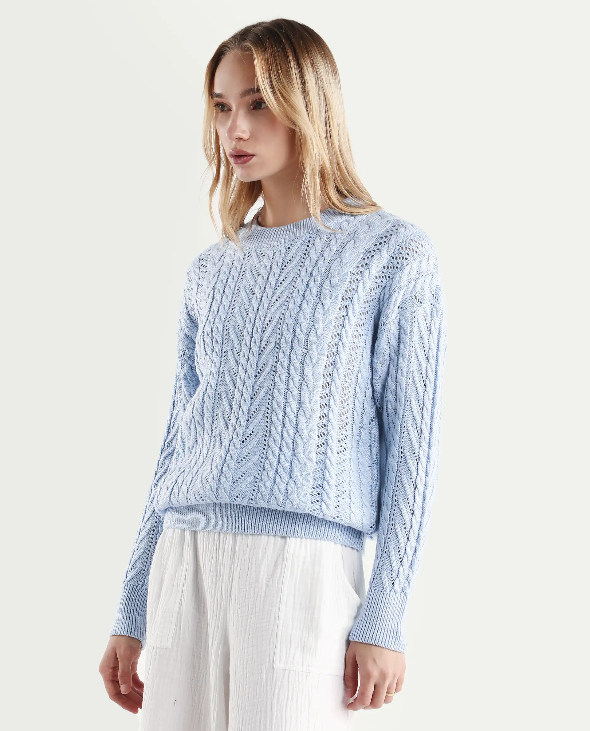 Rareism Women's Kaya Light Blue Acrylic Crew Neck Plain Regular Fit Sweater - Image 5