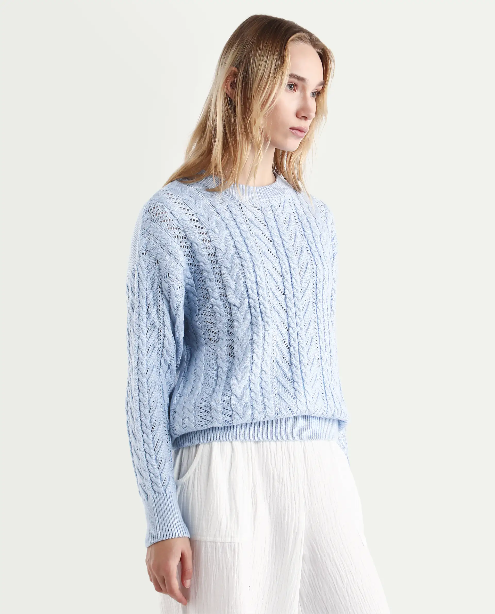 Rareism Women's Kaya Light Blue Acrylic Crew Neck Plain Regular Fit Sweater - Image 6