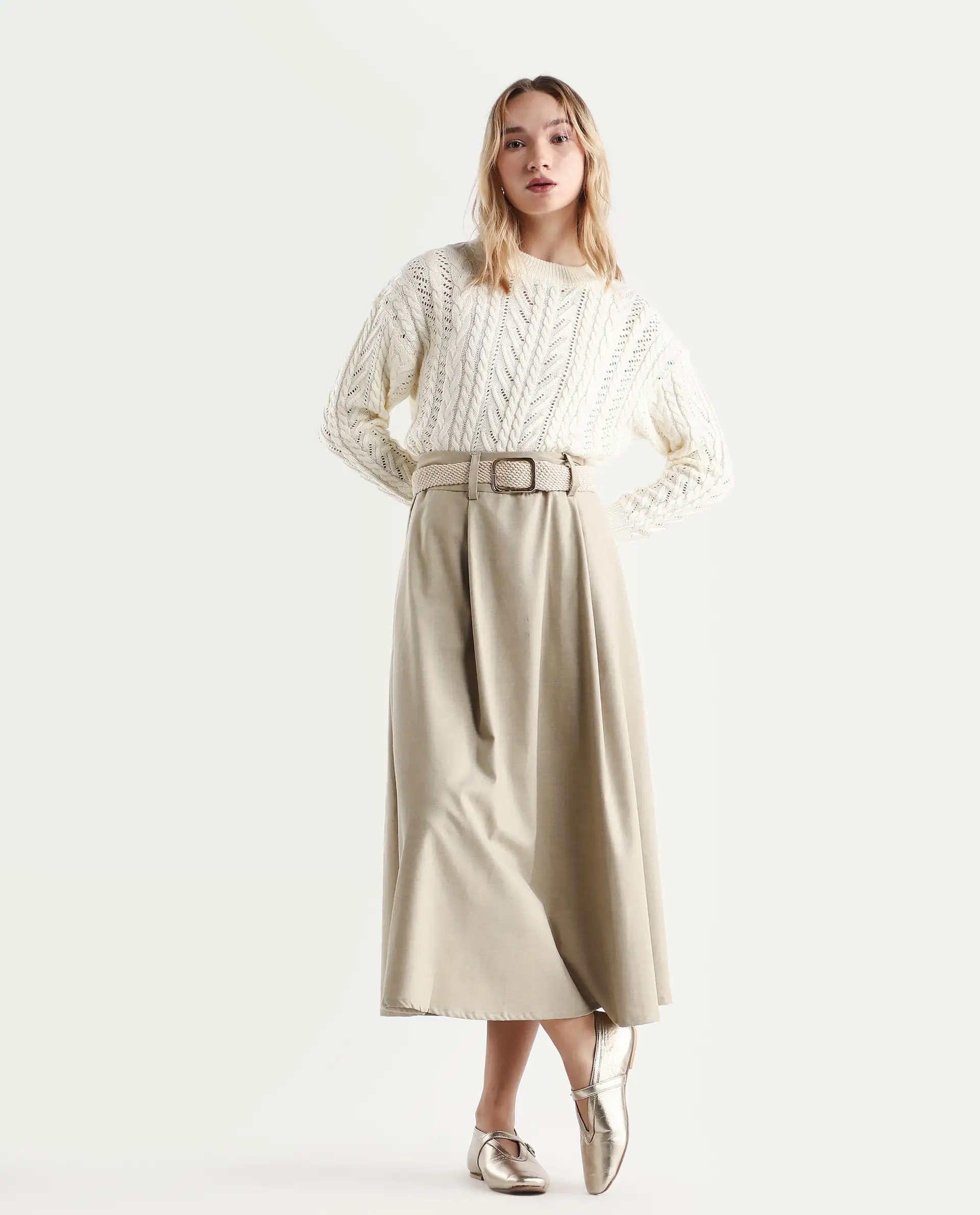 Rareism Women's Kaya Off White Acrylic Crew Neck Plain Regular Fit Sweater - Image 2