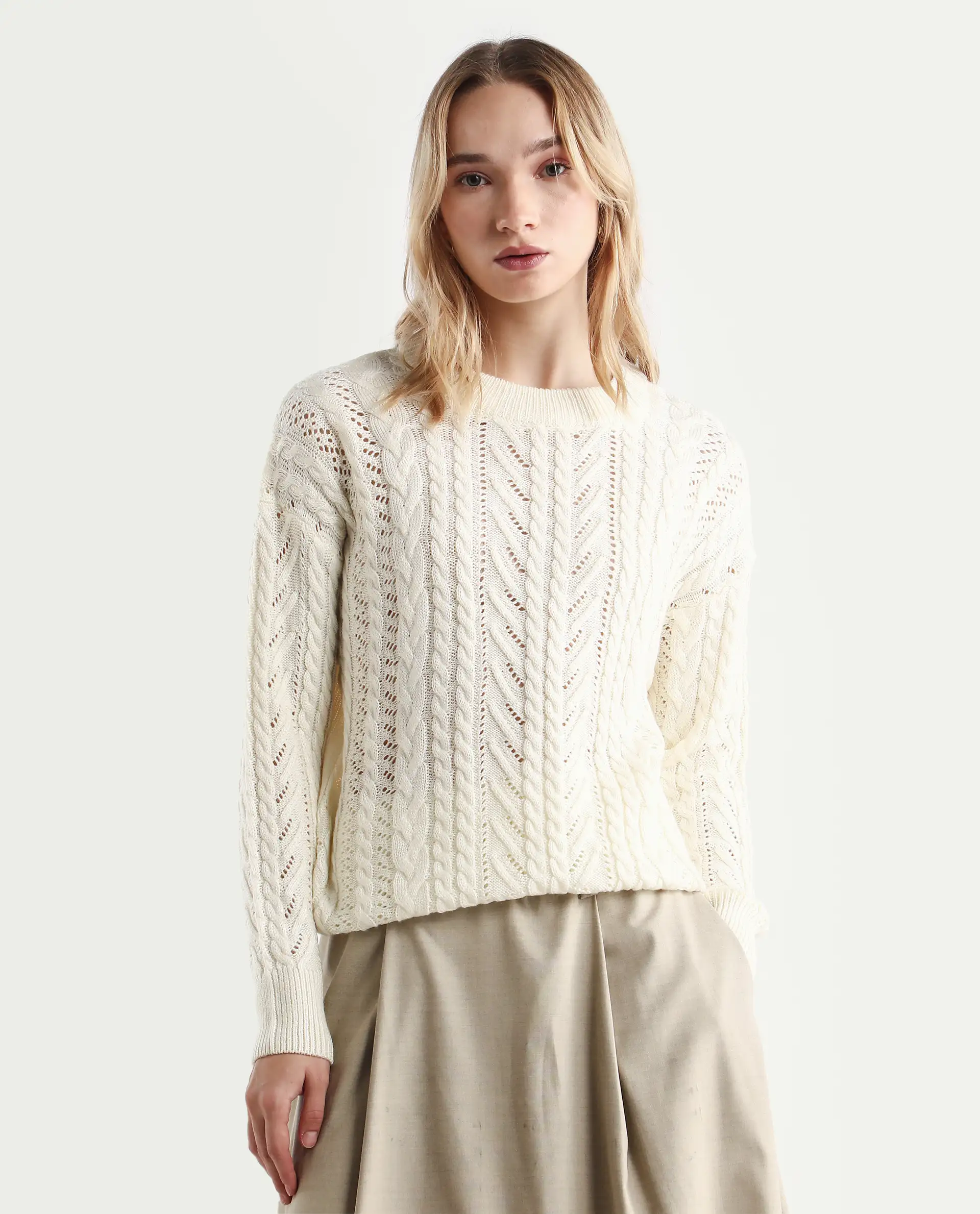 Rareism Women's Kaya Off White Acrylic Crew Neck Plain Regular Fit Sweater - Image 3